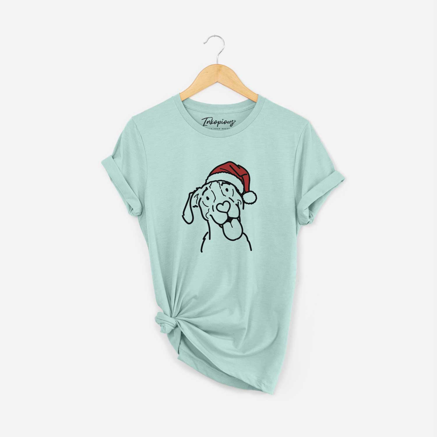 Minimalist line drawing of Kimble the Treeing Walker Coonhound wearing a Santa hat on a Heather Sage Unisex crewneck