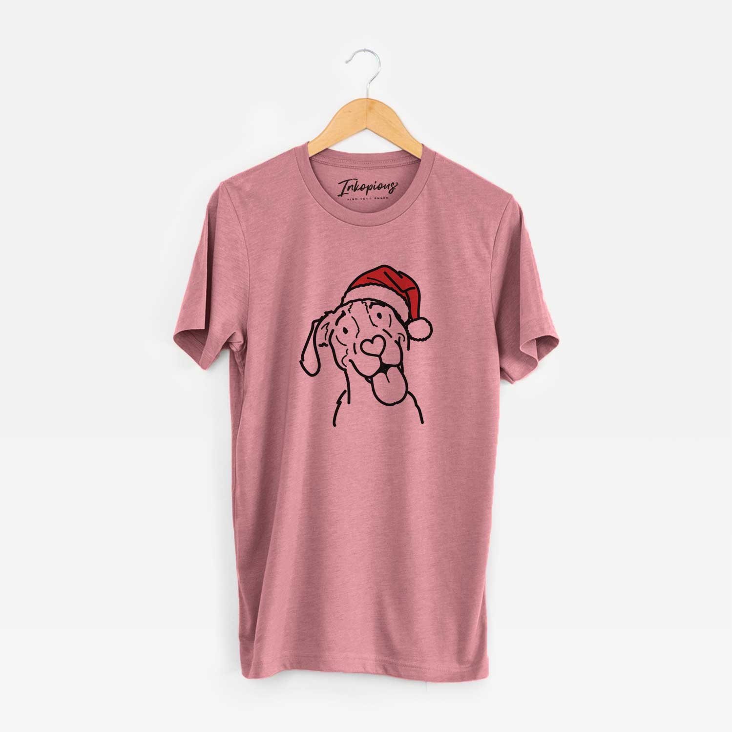 Minimalist line drawing of Kimble the Treeing Walker Coonhound wearing a Santa hat on a Mauve Unisex crewneck