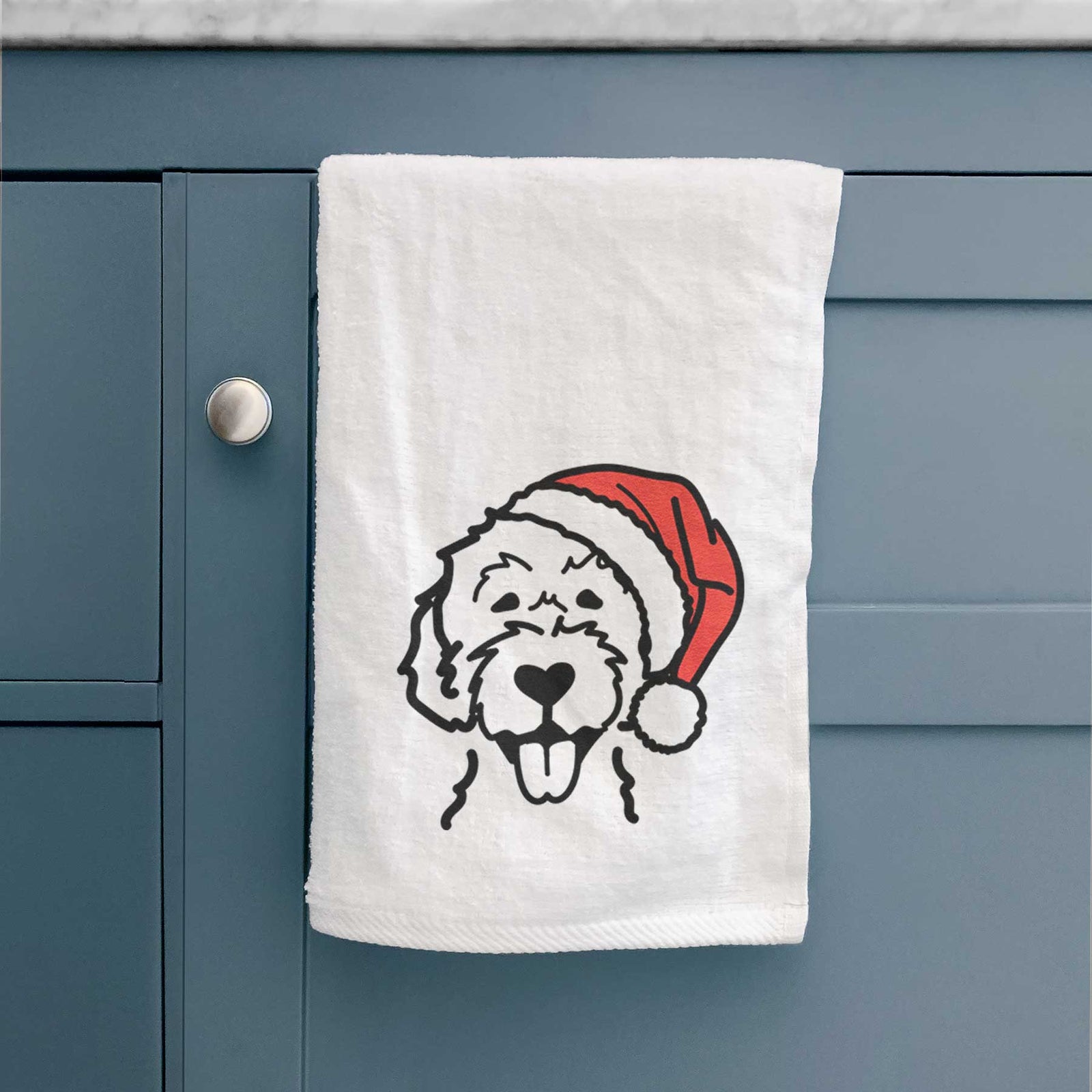 Minimalist line drawing of a Labradoodle wearing a Santa hat on a decorative hand towel