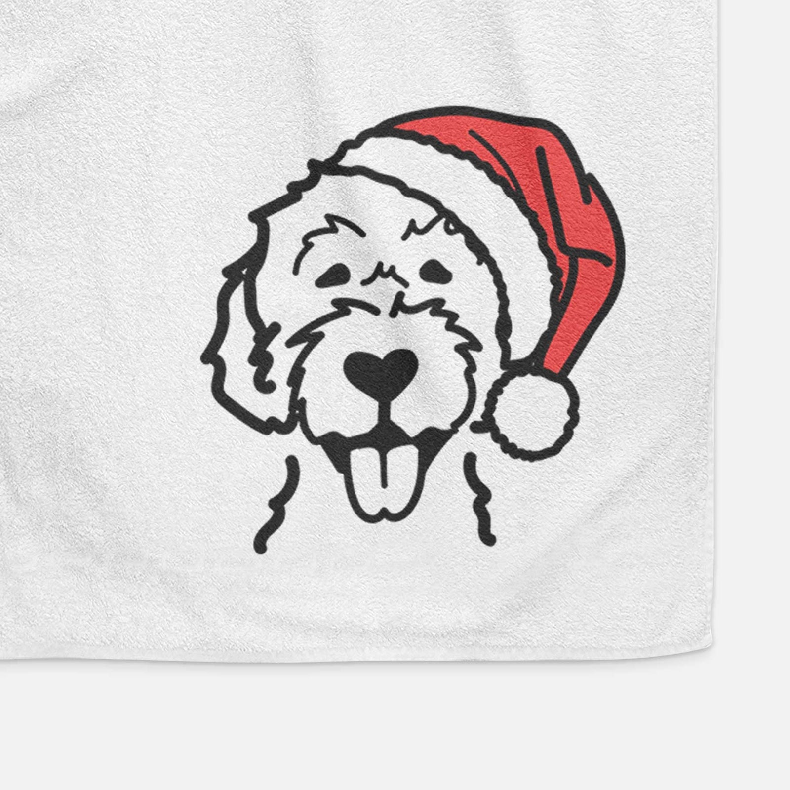 Minimalist line drawing of a Labradoodle wearing a Santa hat on a decorative hand towel