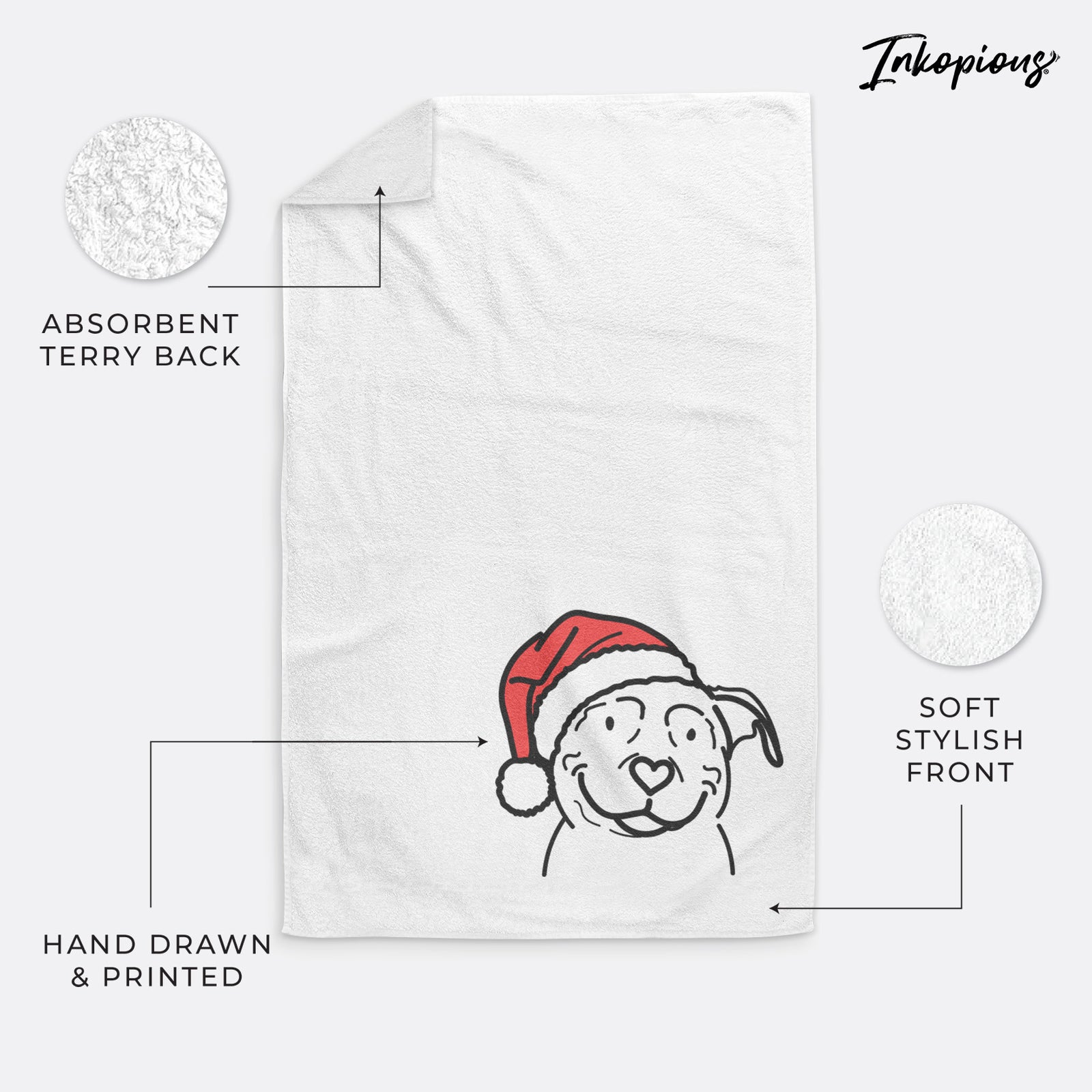 Minimalist line drawing of Lady the American Pitbull Terrier wearing a Santa hat on a decorative hand towel