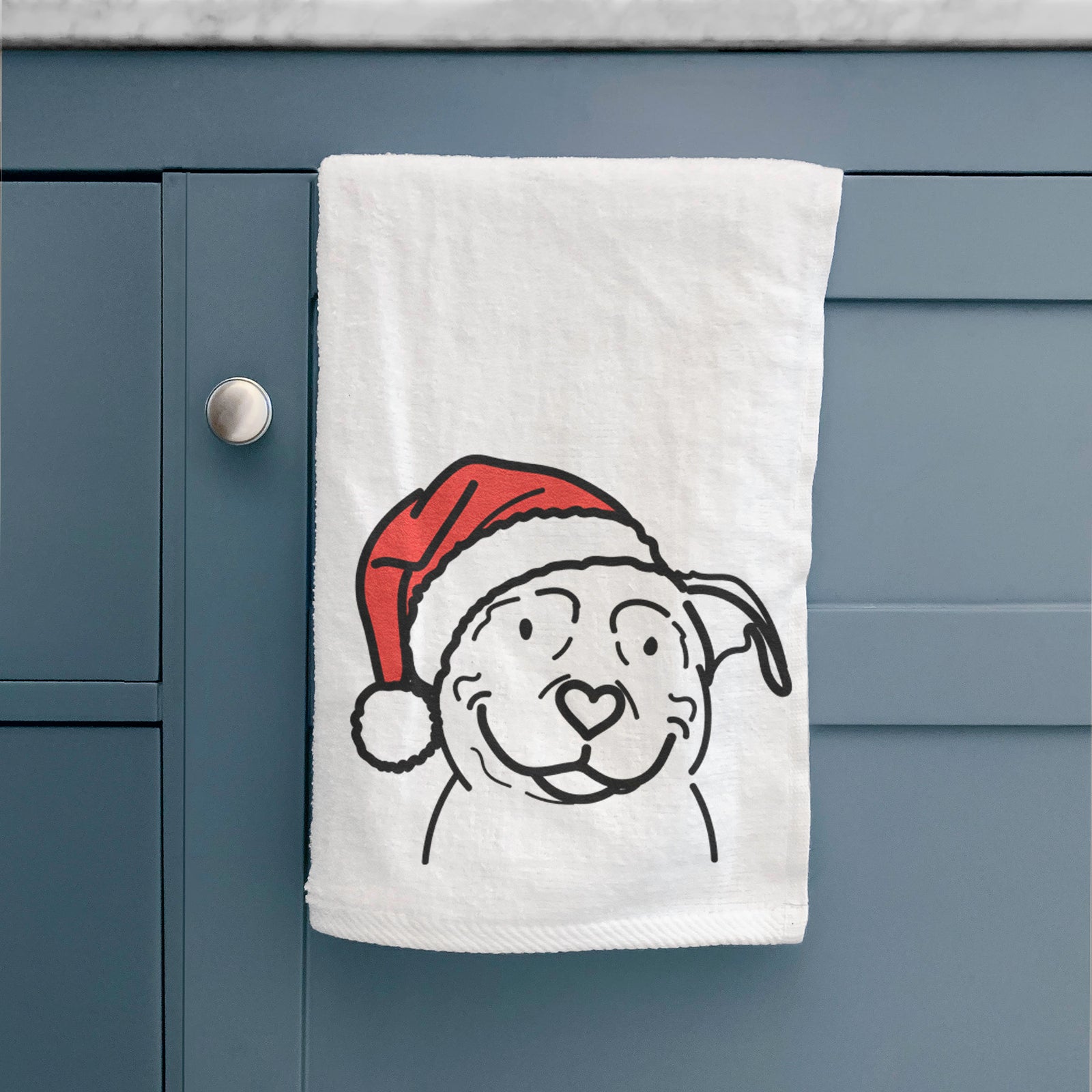 Minimalist line drawing of Lady the American Pitbull Terrier wearing a Santa hat on a decorative hand towel