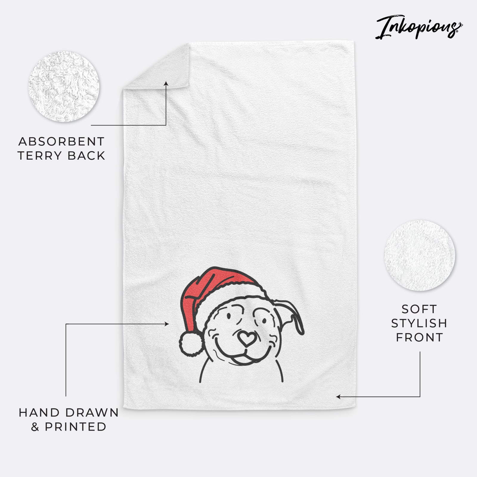 Minimalist line drawing of Lady the American Pitbull Terrier wearing a Santa hat on a decorative hand towel