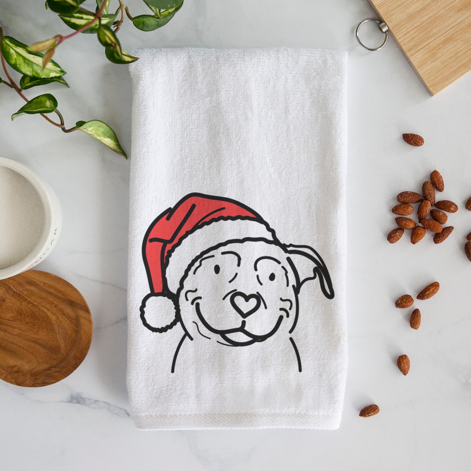 Minimalist line drawing of Lady the American Pitbull Terrier wearing a Santa hat on a decorative hand towel