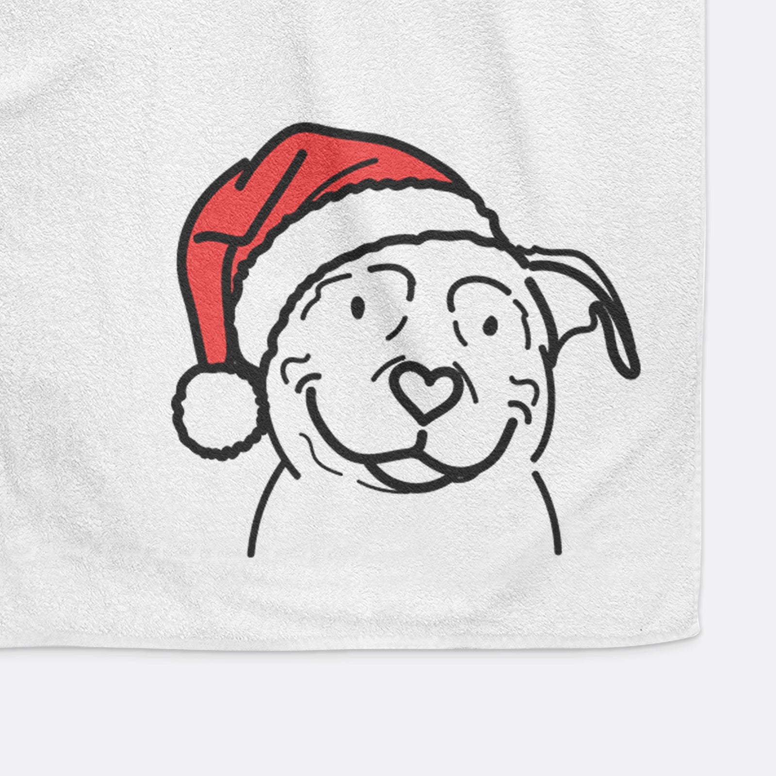 Minimalist line drawing of Lady the American Pitbull Terrier wearing a Santa hat on a decorative hand towel
