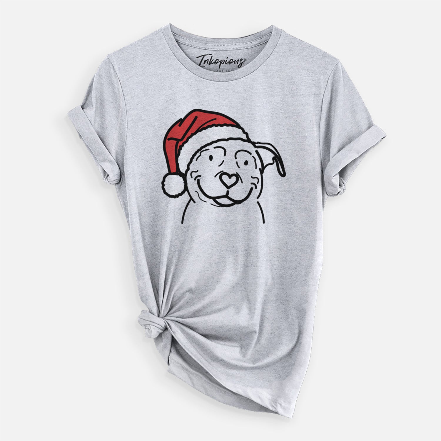 Minimalist line drawing of Lady the American Pitbull Terrier wearing a Santa hat on a Grey Unisex crewneck