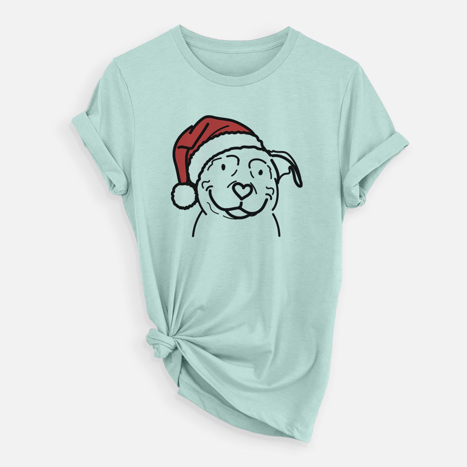 Minimalist line drawing of Lady the American Pitbull Terrier wearing a Santa hat on a Heather Sage Unisex crewneck