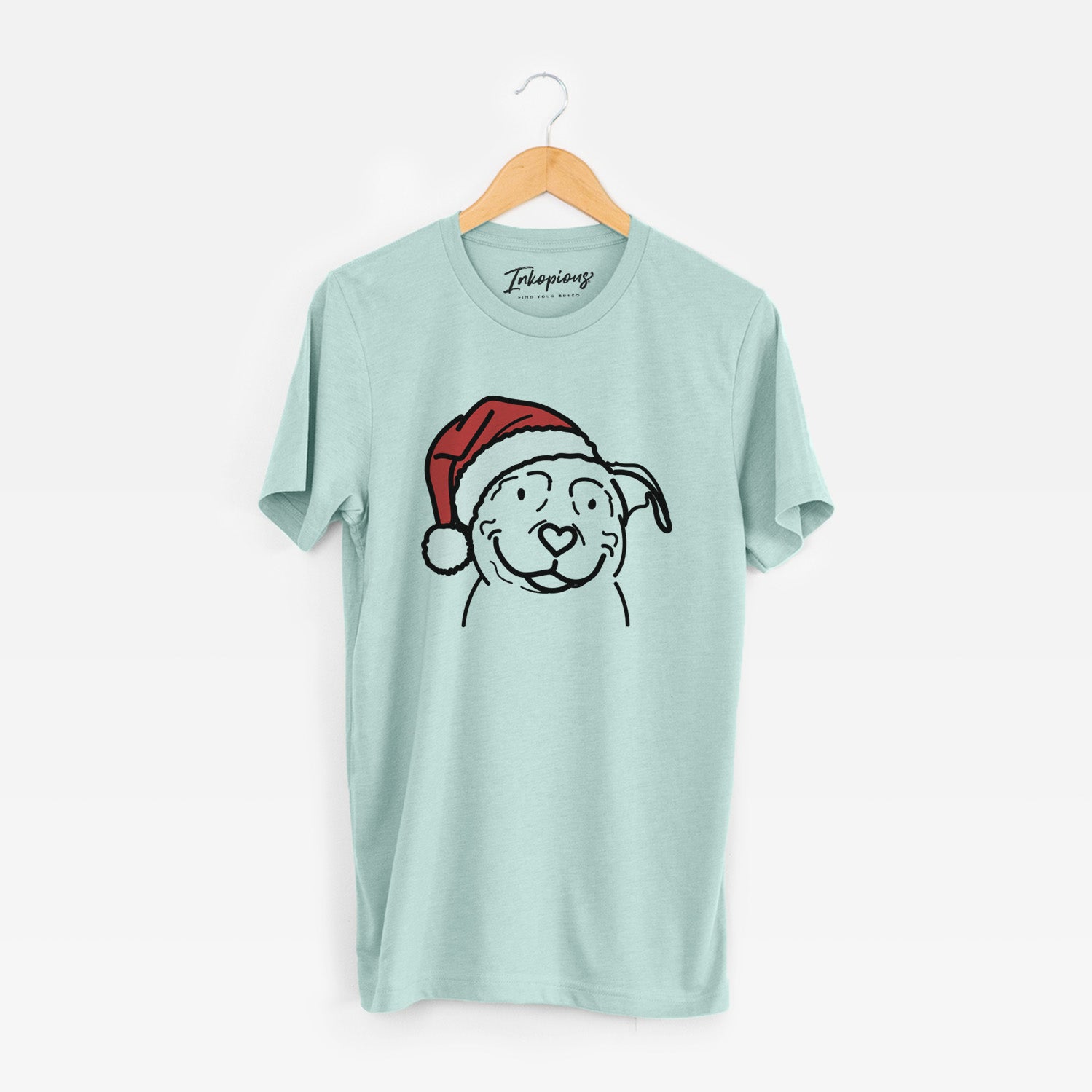 Minimalist line drawing of Lady the American Pitbull Terrier wearing a Santa hat on a Heather Sage Unisex crewneck