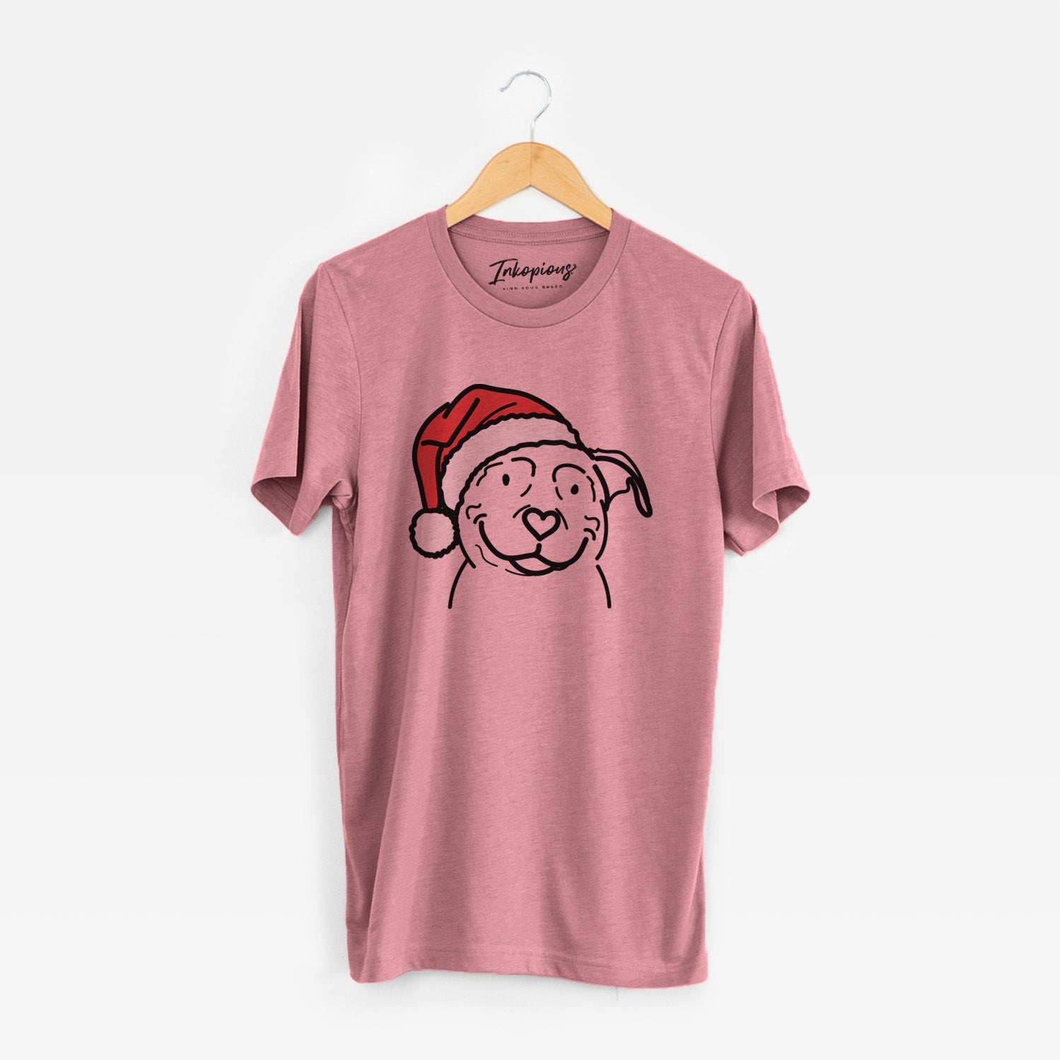 Minimalist line drawing of Lady the American Pitbull Terrier wearing a Santa hat on a Mauve Unisex crewneck
