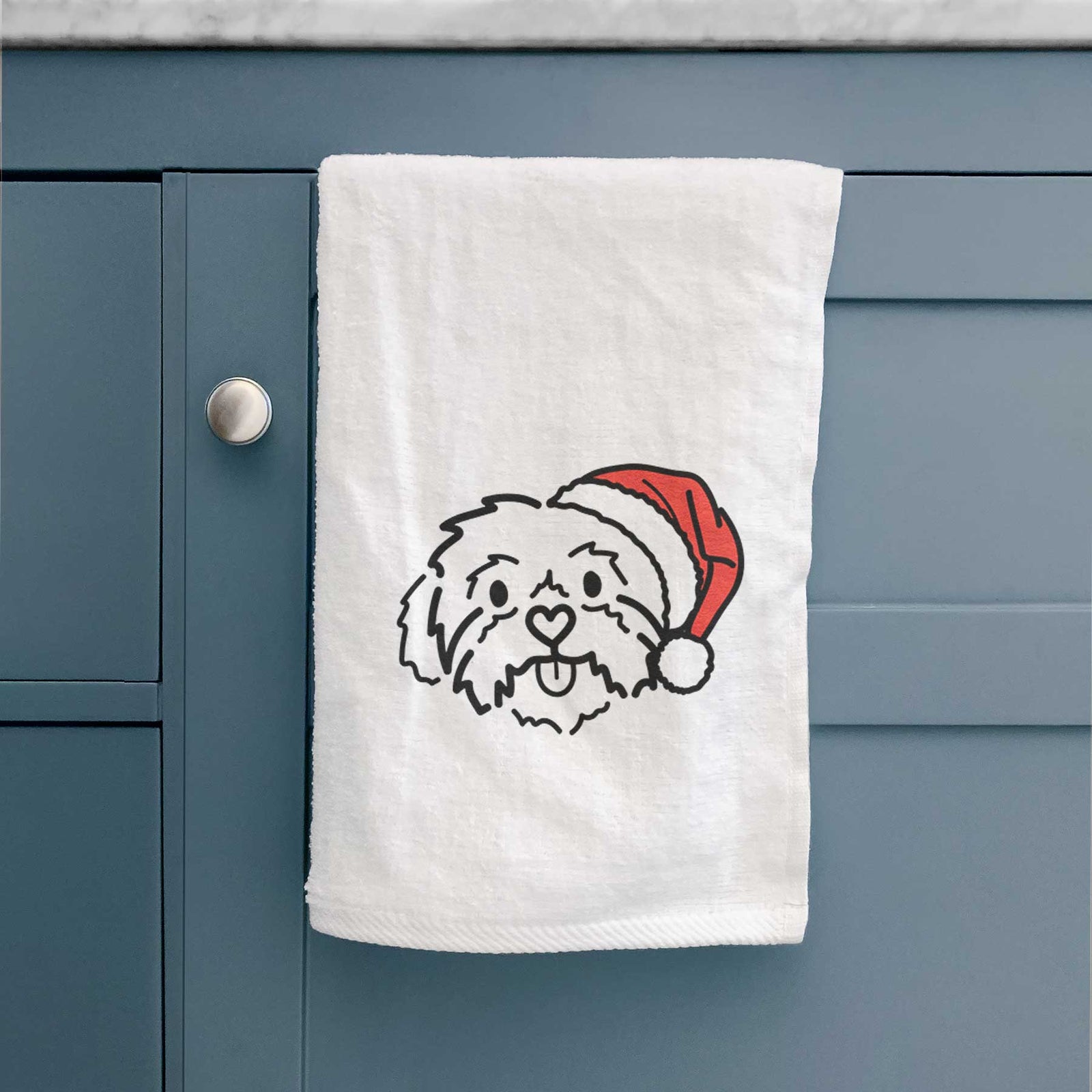 Minimalist line drawing of Leo the Shih Tzu wearing a Santa hat on a decorative hand towel