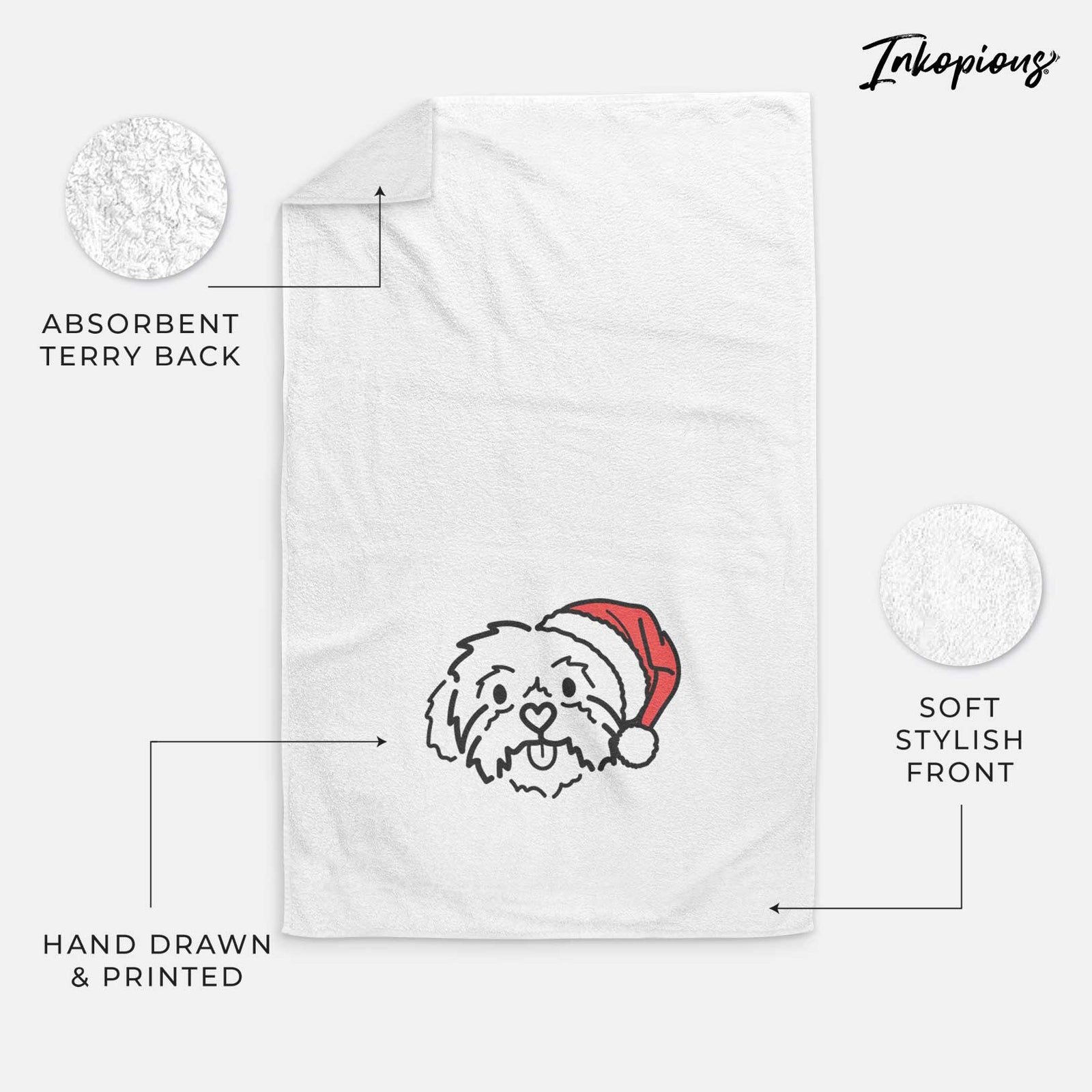 Minimalist line drawing of Leo the Shih Tzu wearing a Santa hat on a decorative hand towel