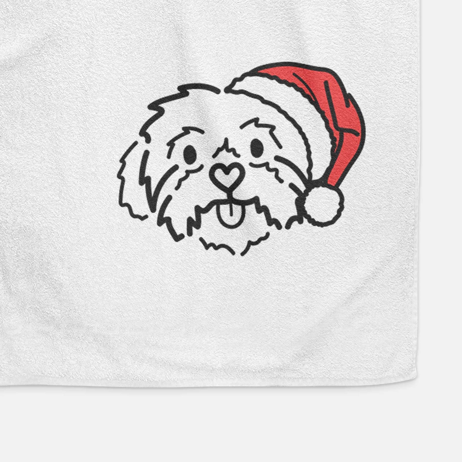 Minimalist line drawing of Leo the Shih Tzu wearing a Santa hat on a decorative hand towel
