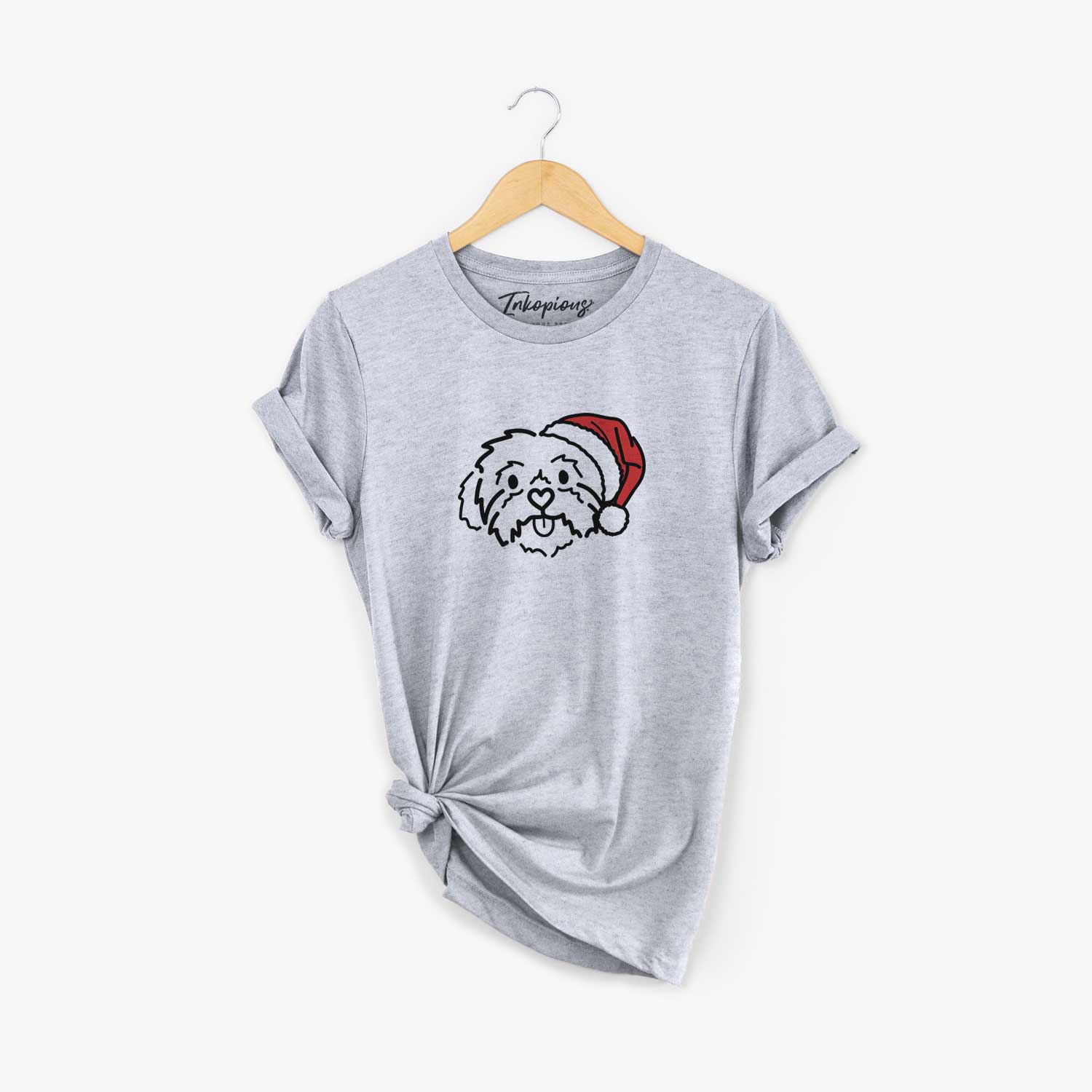 Minimalist line drawing of Leo the Shih Tzu wearing a Santa hat on a Grey Unisex crewneck