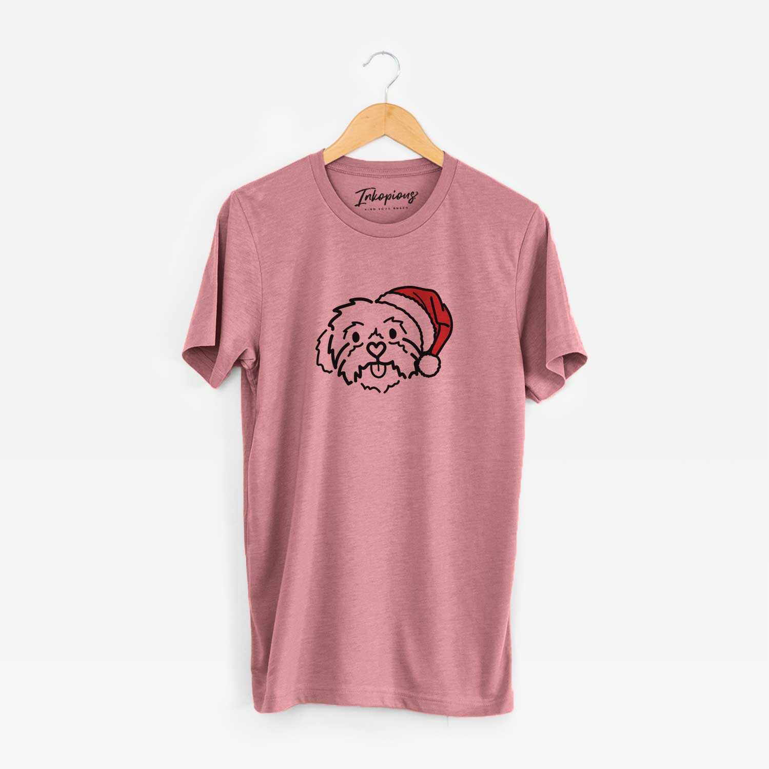 Minimalist line drawing of Leo the Shih Tzu wearing a Santa hat on a Mauve Unisex crewneck