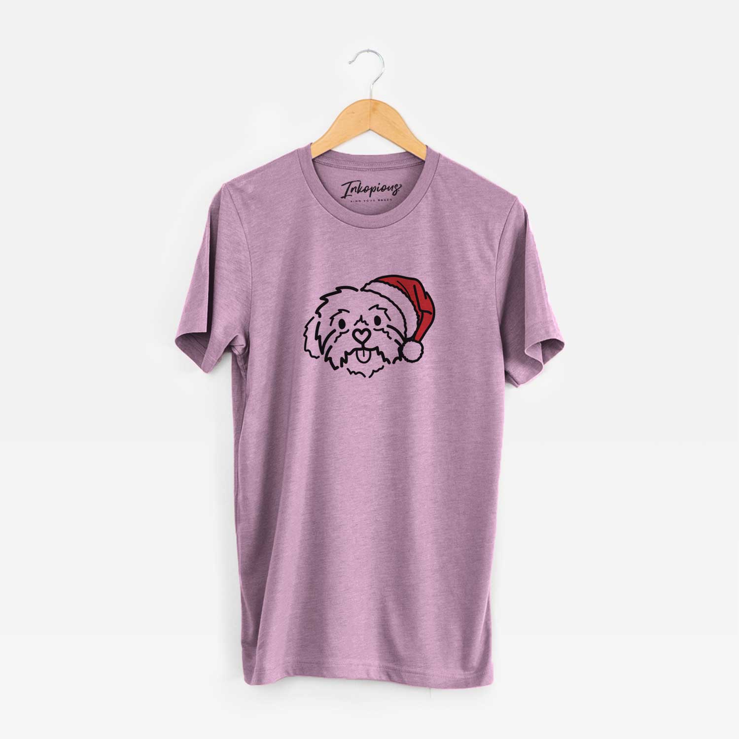 Minimalist line drawing of Leo the Shih Tzu wearing a Santa hat on an Orchid Unisex crewneck