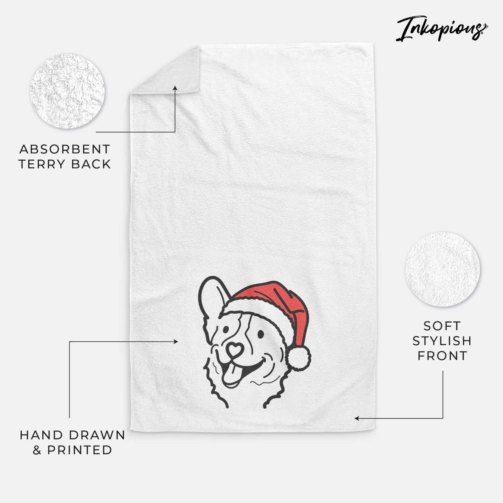 Minimalist line drawing of Lily the Corgi wearing a Santa hat on a decorative hand towel