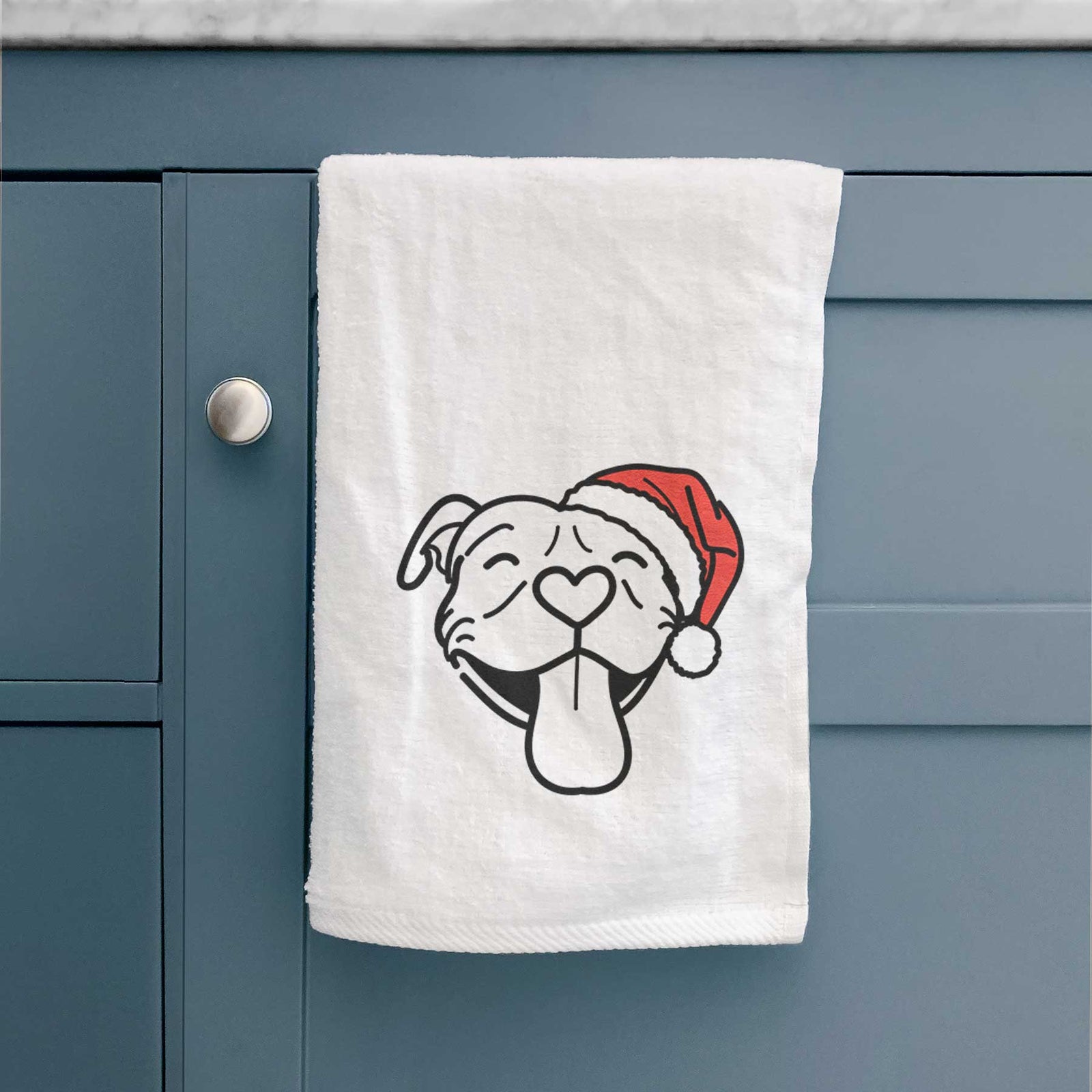 Minimalist line drawing of Louie the Pitbull wearing a Santa hat on a decorative hand towel