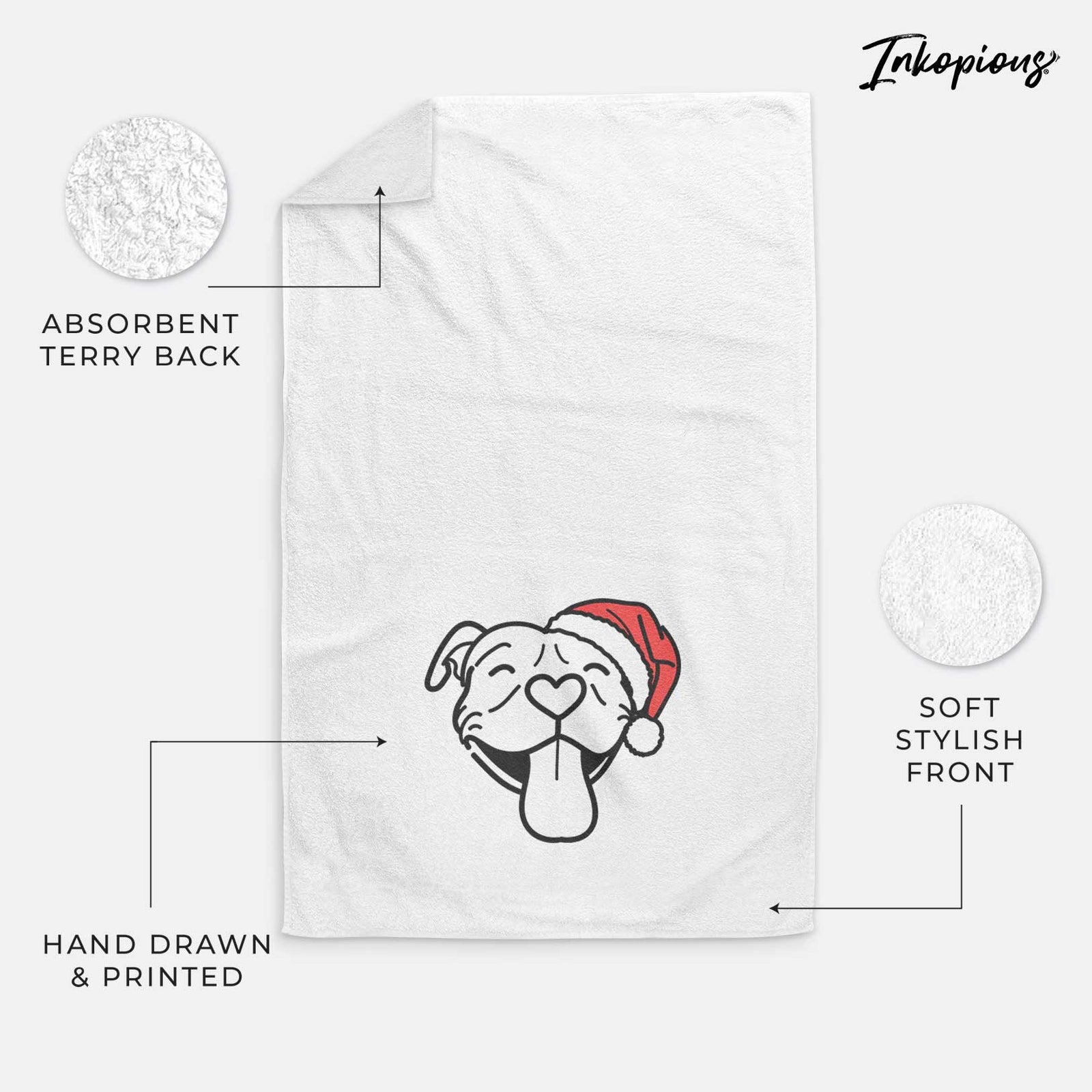 Minimalist line drawing of Louie the Pitbull wearing a Santa hat on a decorative hand towel