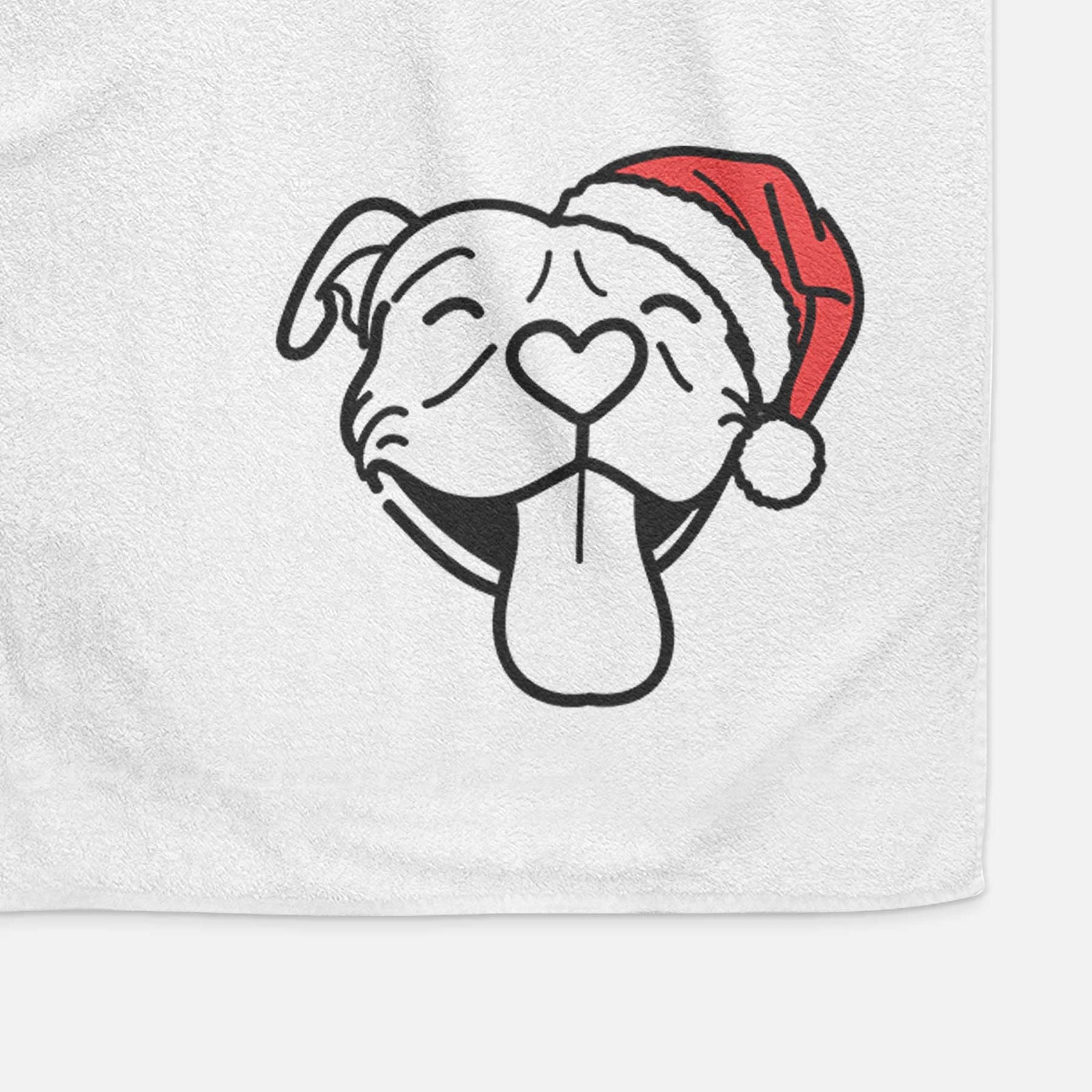Minimalist line drawing of Louie the Pitbull wearing a Santa hat on a decorative hand towel