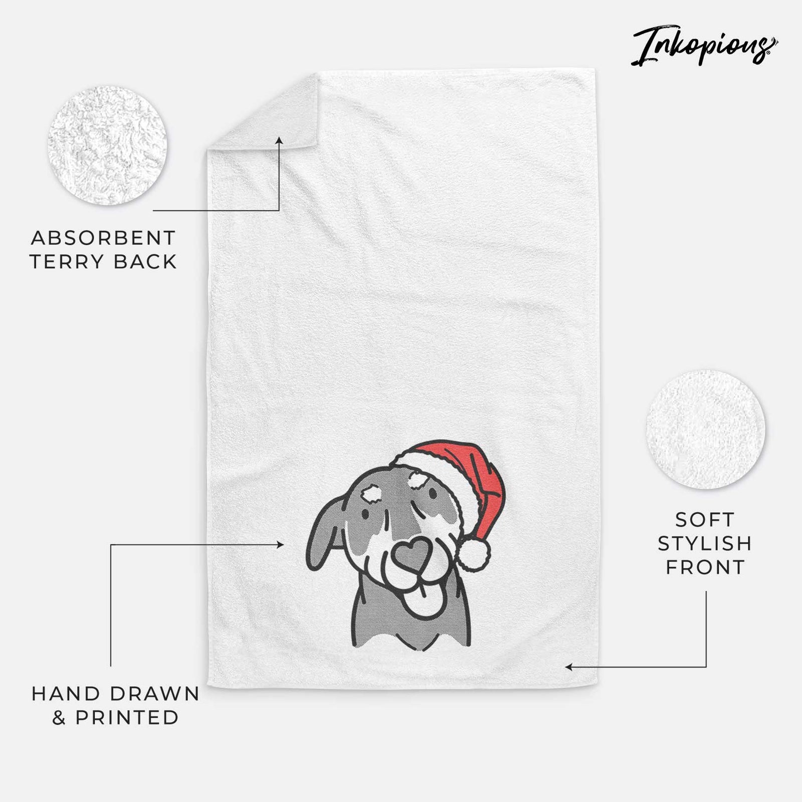 Minimalist line drawing of Lousia the Mixed Breed wearing a Santa hat on a decorative hand towel