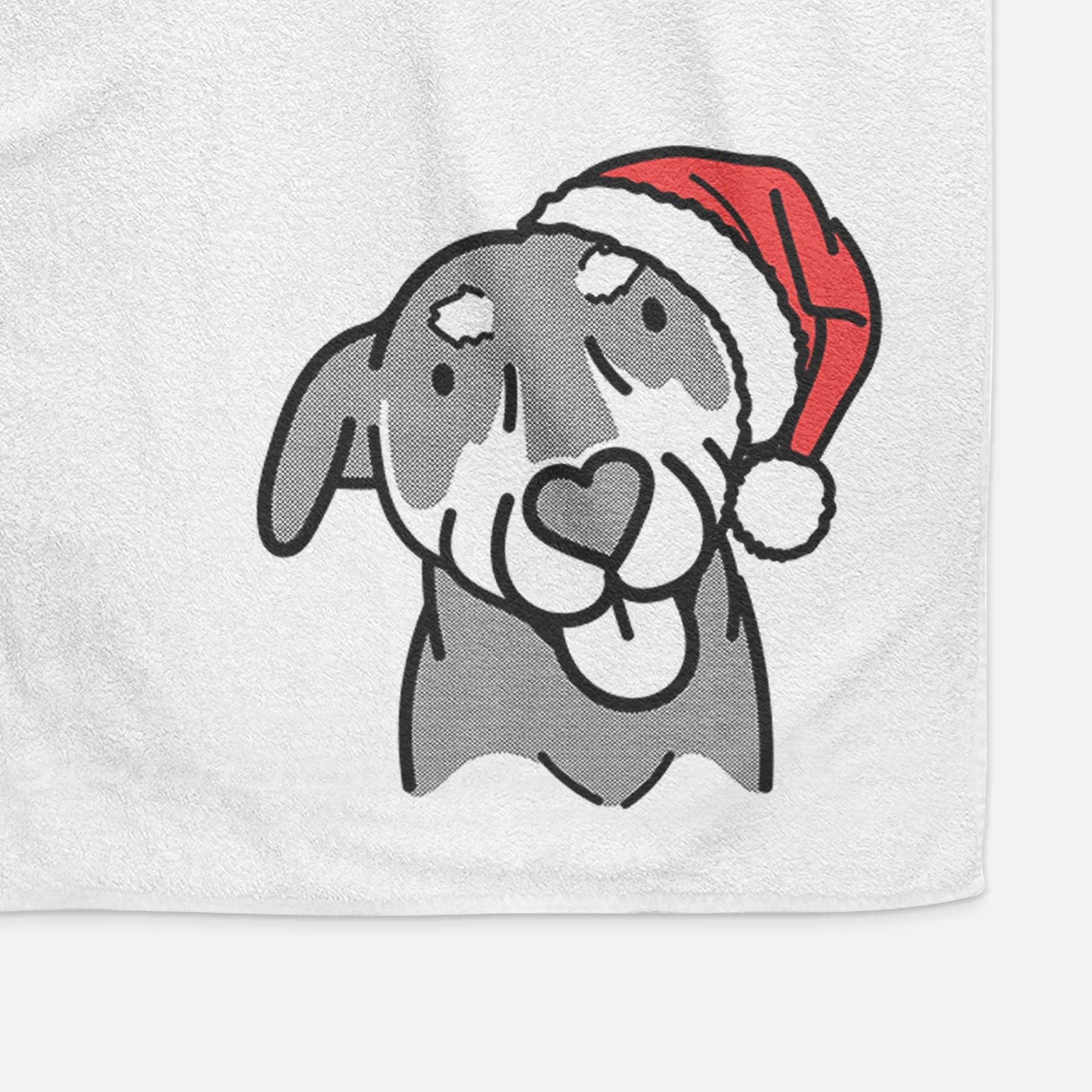 Minimalist line drawing of Lousia the Mixed Breed wearing a Santa hat on a decorative hand towel