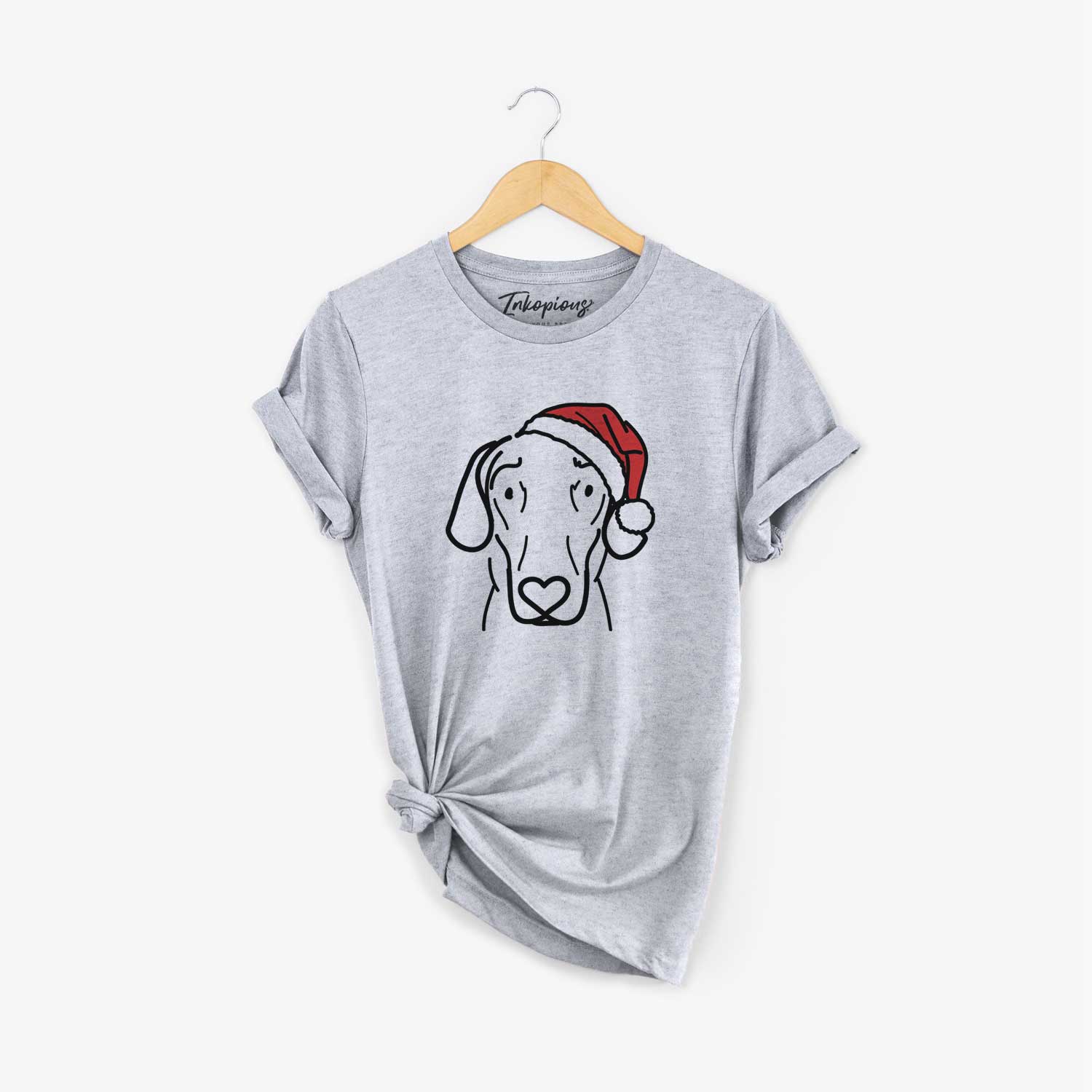 Minimalist line drawing of Lucy the Great Dane wearing a Santa hat on a Grey Unisex crewneck