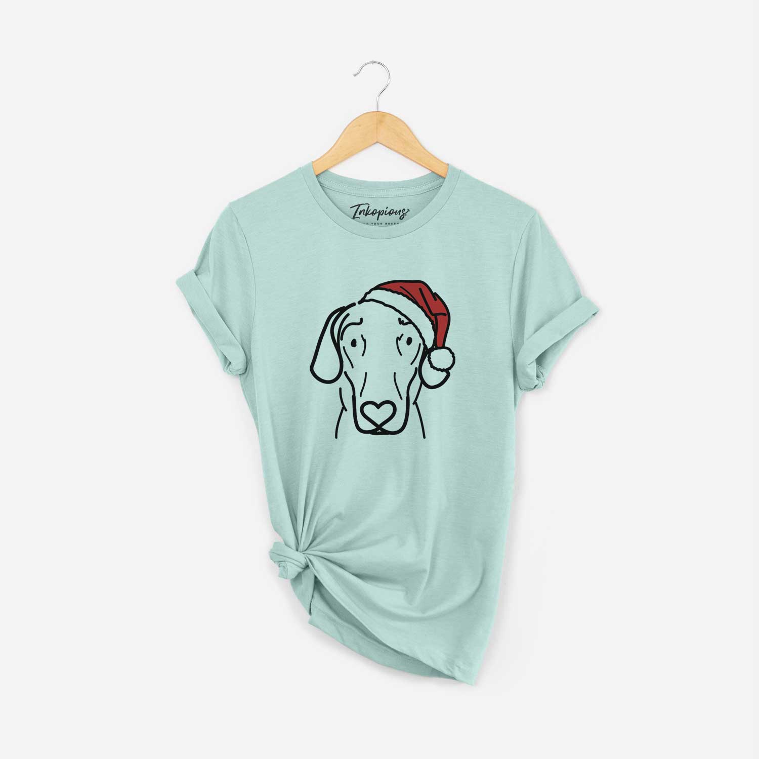 Minimalist line drawing of Lucy the Great Dane wearing a Santa hat on a Heather Sage Unisex crewneck