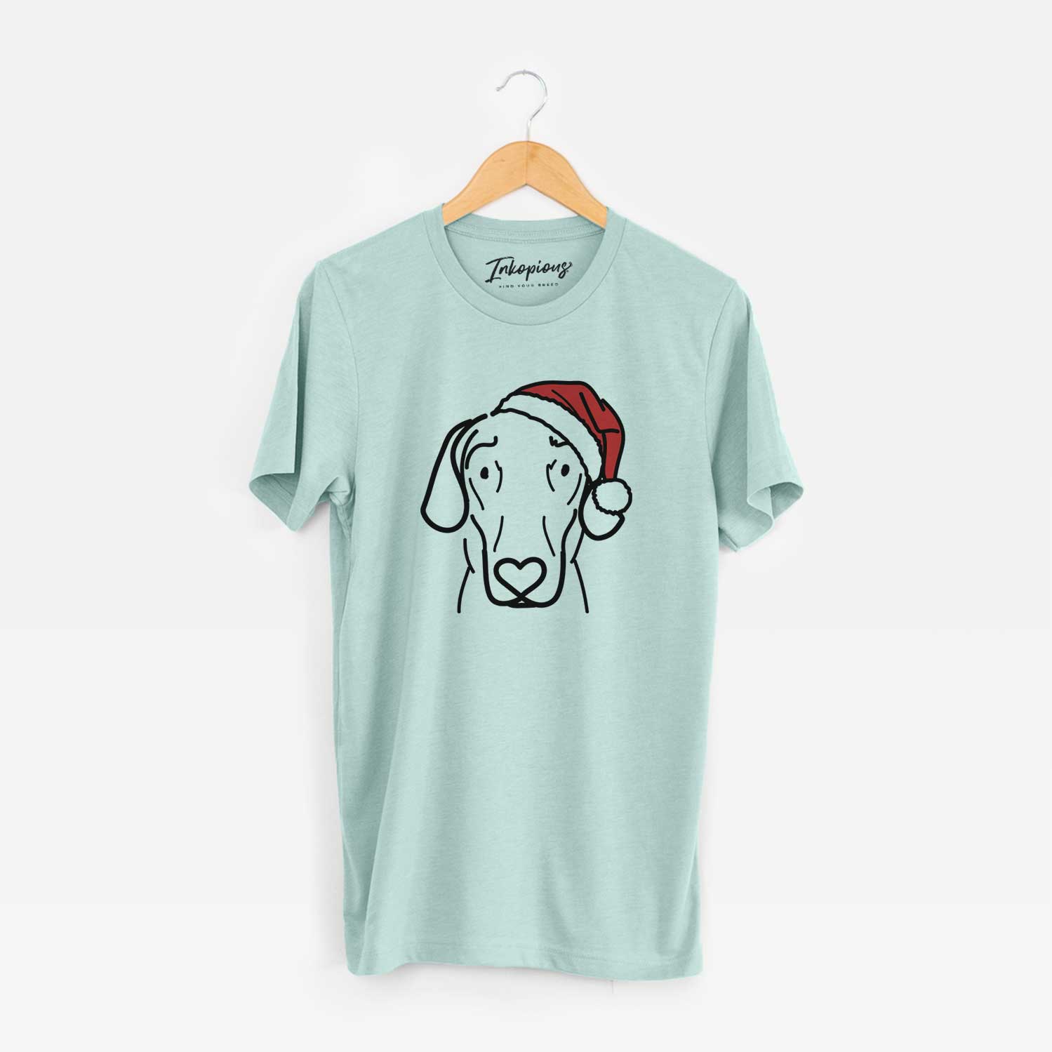Minimalist line drawing of Lucy the Great Dane wearing a Santa hat on a Heather Sage Unisex crewneck