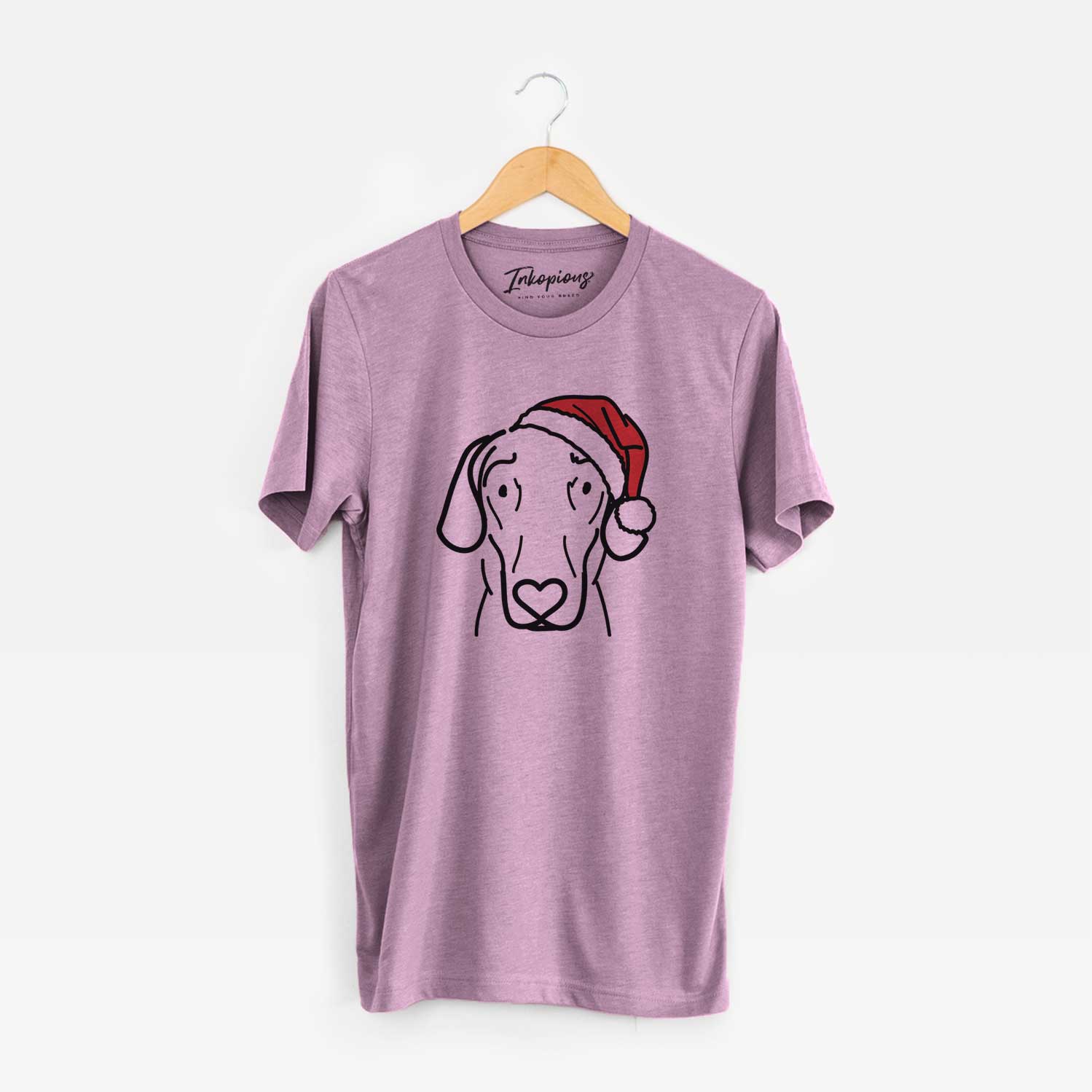 Minimalist line drawing of Lucy the Great Dane wearing a Santa hat on an Orchid Unisex crewneck