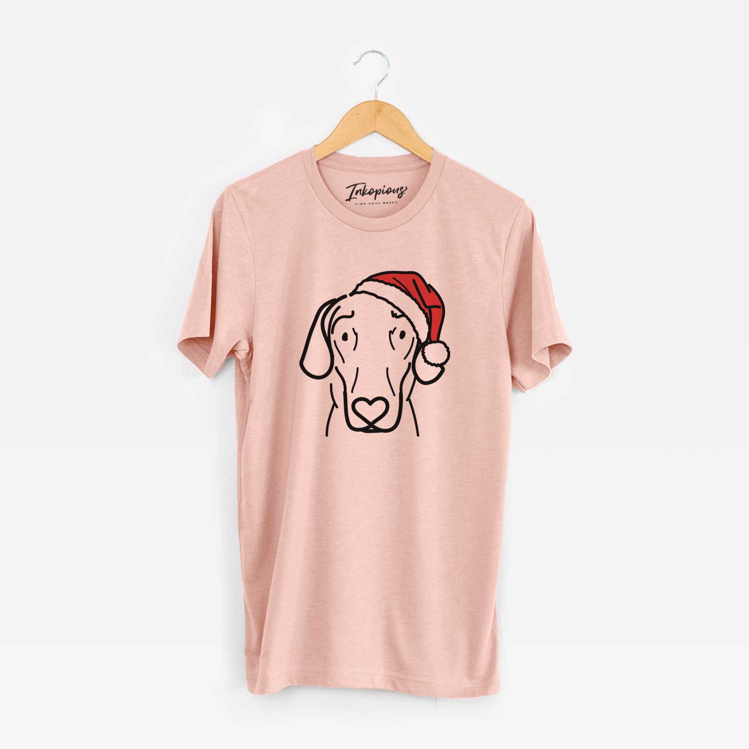 Minimalist line drawing of Lucy the Great Dane wearing a Santa hat on a Peach Unisex crewneck
