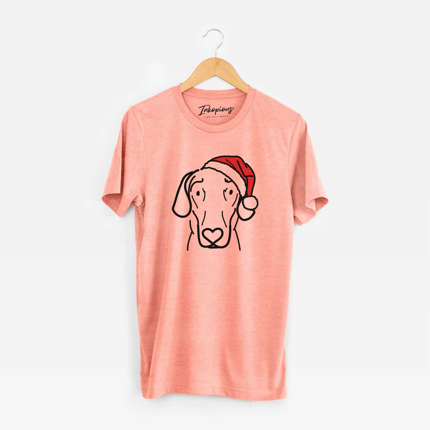 Minimalist line drawing of Lucy the Great Dane wearing a Santa hat on a Sunset Unisex crewneck