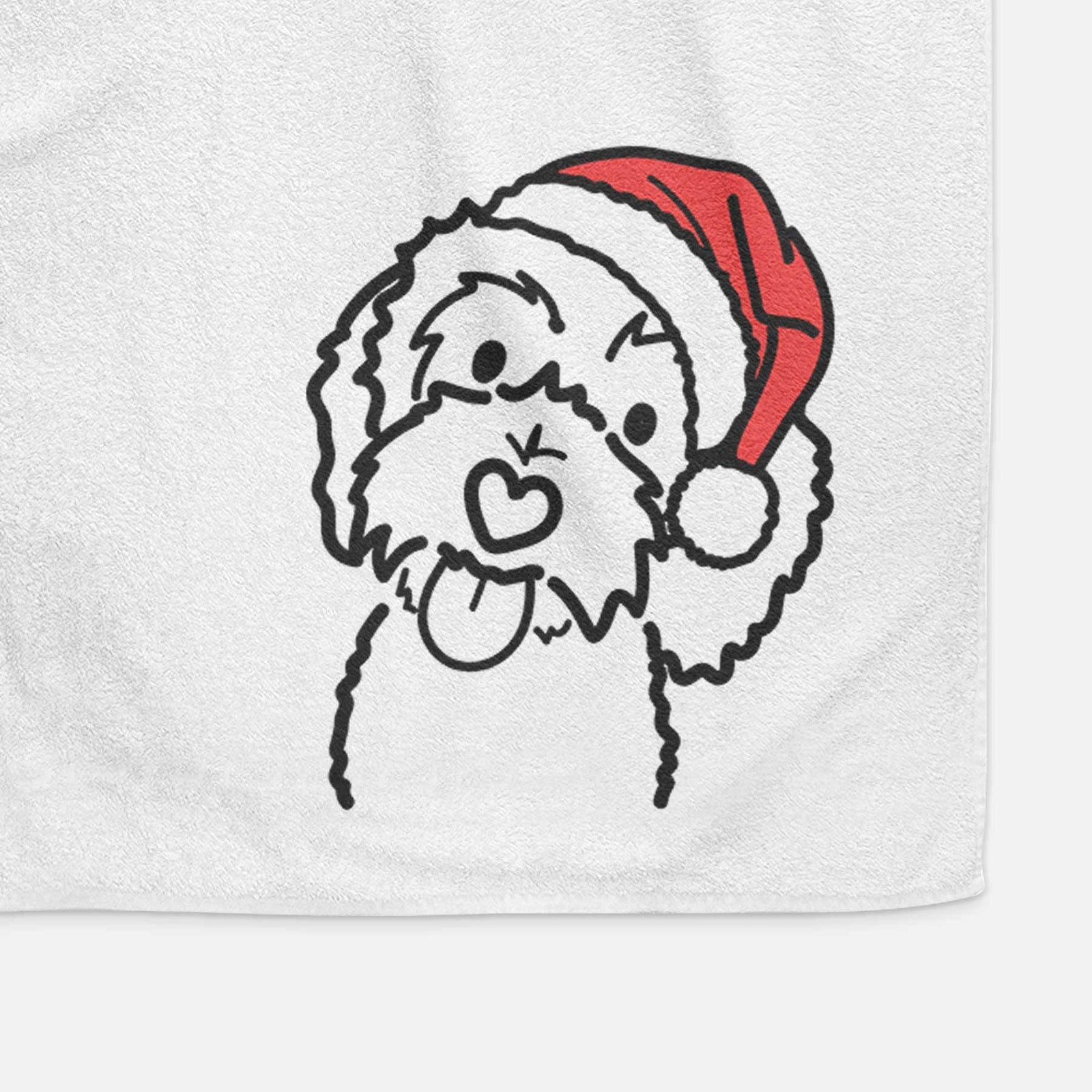Minimalist line drawing of Mabel the Bernedoodle wearing a Santa hat on a decorative hand towel