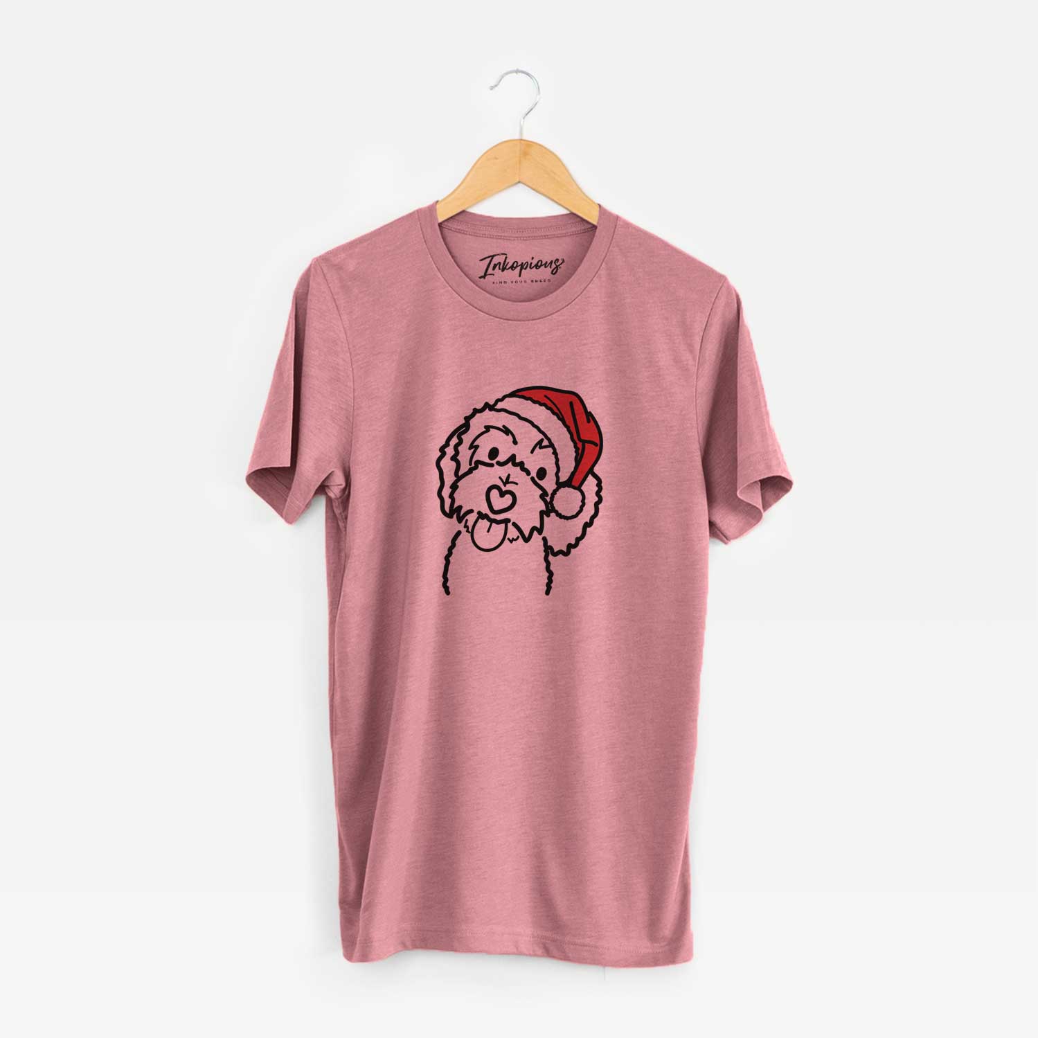Minimalist line drawing of Mabel the Bernedoodle wearing a Santa hat on a Mauve Unisex crewneck