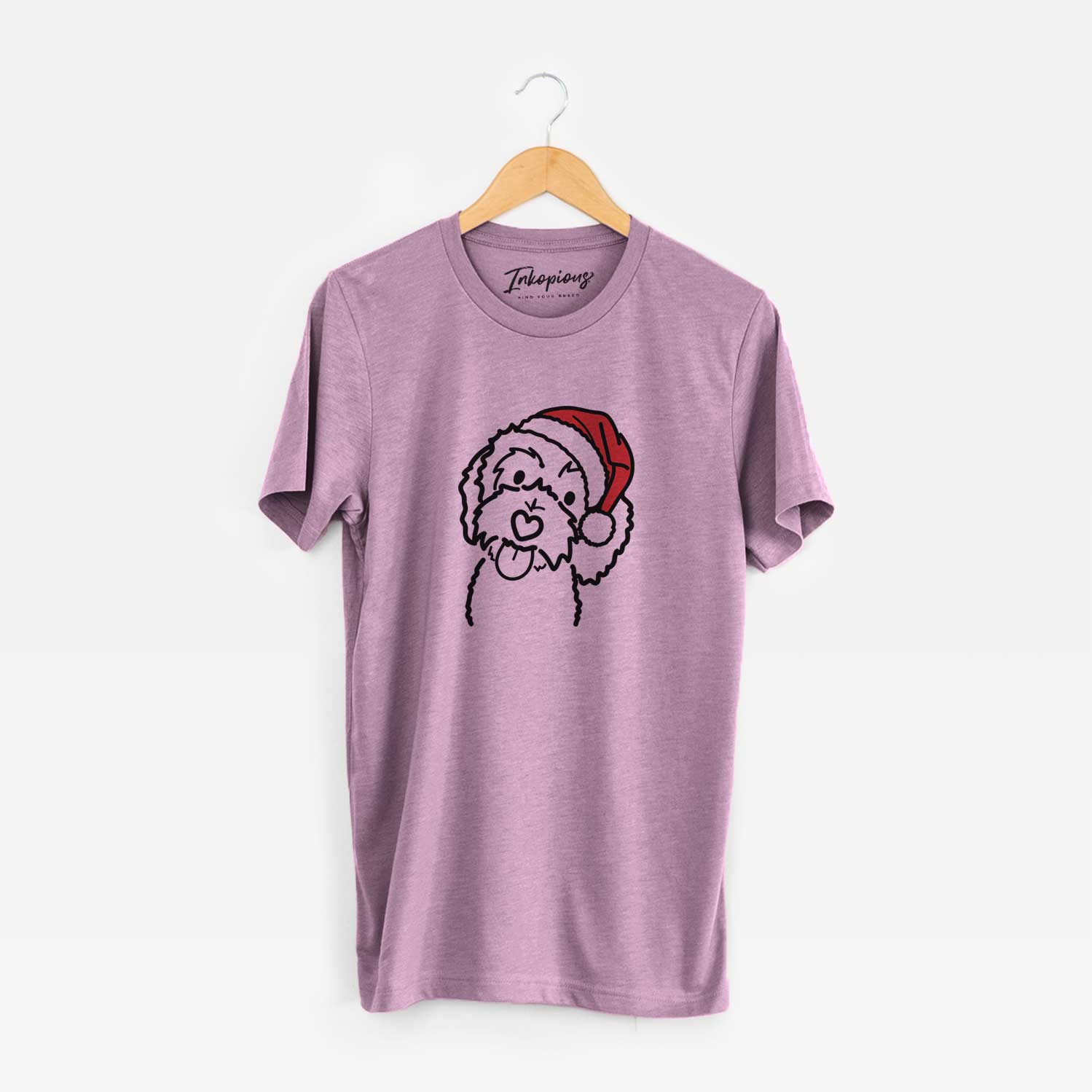 Minimalist line drawing of Mabel the Bernedoodle wearing a Santa hat on an Orchid Unisex crewneck