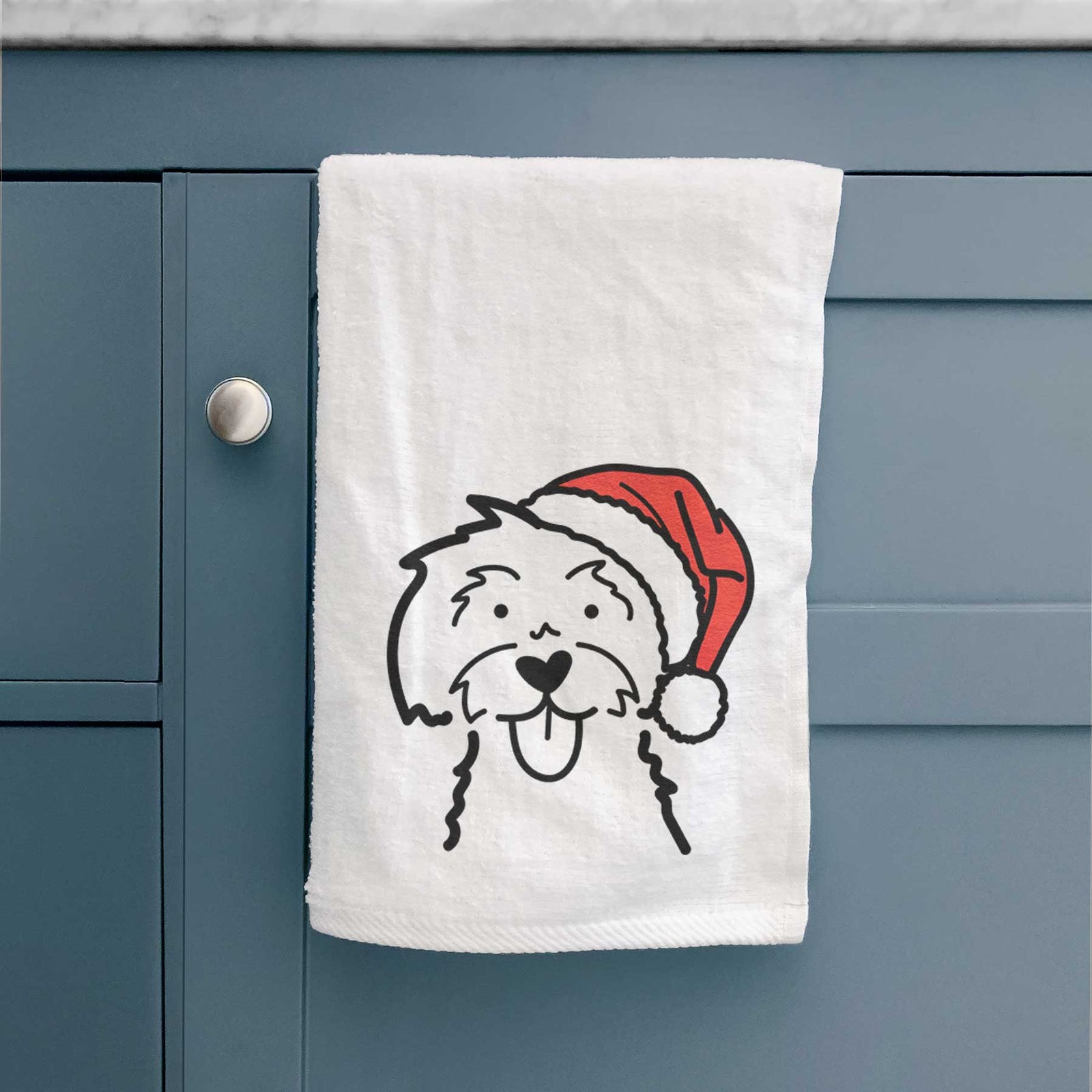 Minimalist line drawing of a Maltese wearing a Santa hat on a decorative hand towel