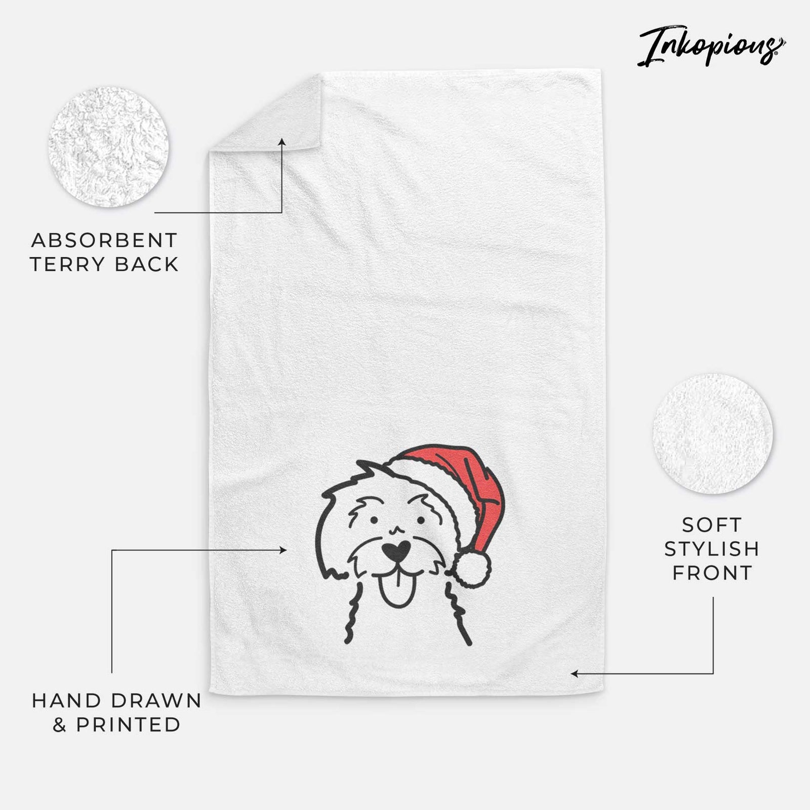 Minimalist line drawing of a Maltese wearing a Santa hat on a decorative hand towel
