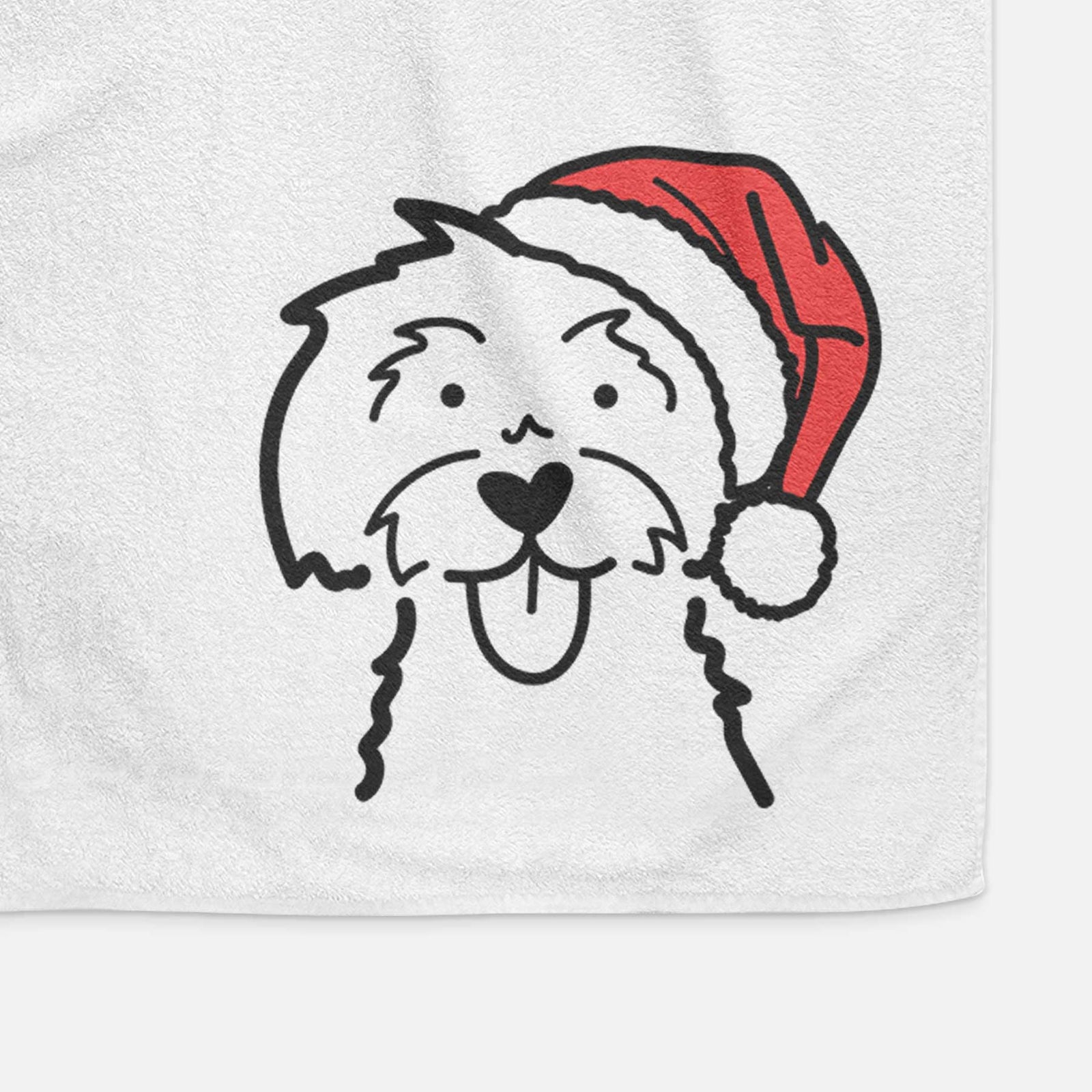 Minimalist line drawing of a Maltese wearing a Santa hat on a decorative hand towel