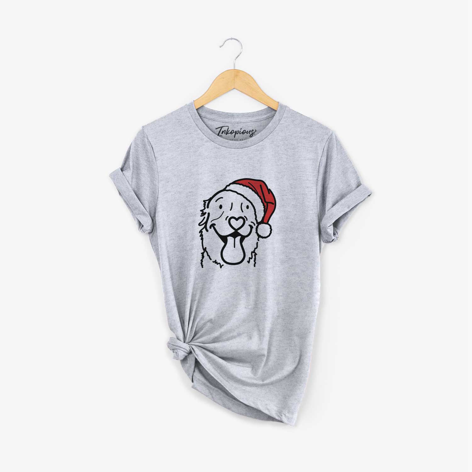 Minimalist line drawing of Maple the Golden Retriever wearing a Santa hat on a Grey Unisex crewneck
