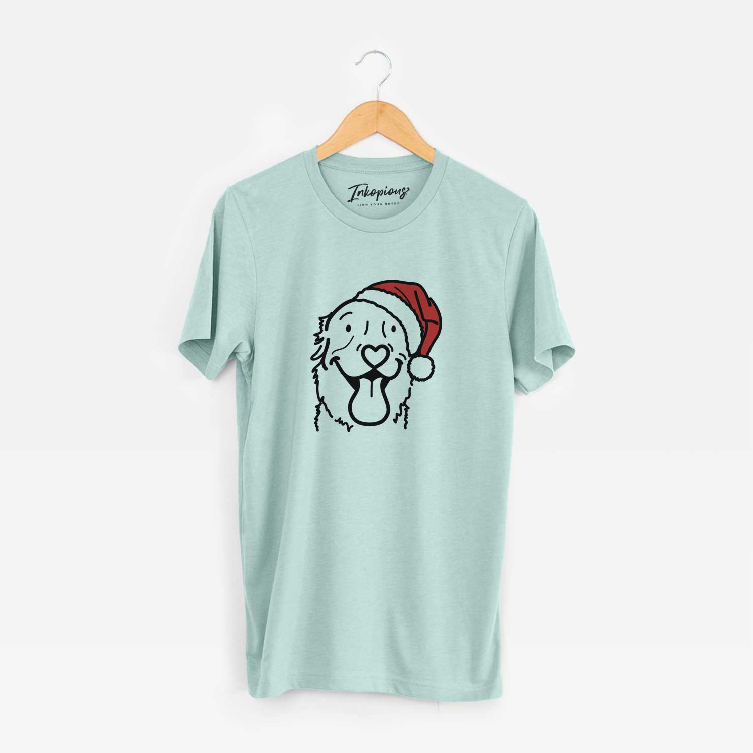 Minimalist line drawing of Maple the Golden Retriever wearing a Santa hat on a Heather Sage Unisex crewneck