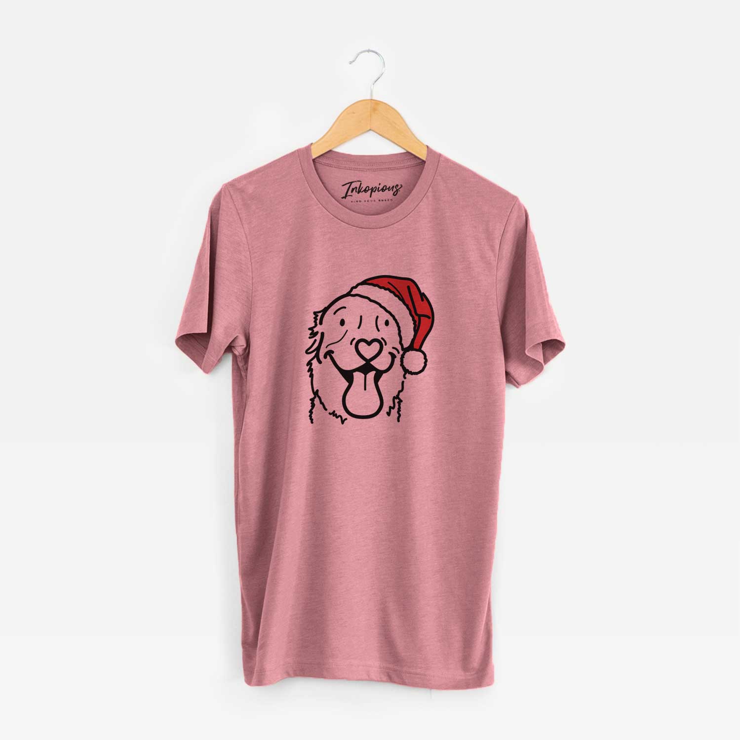 Minimalist line drawing of Maple the Golden Retriever wearing a Santa hat on a Mauve Unisex crewneck