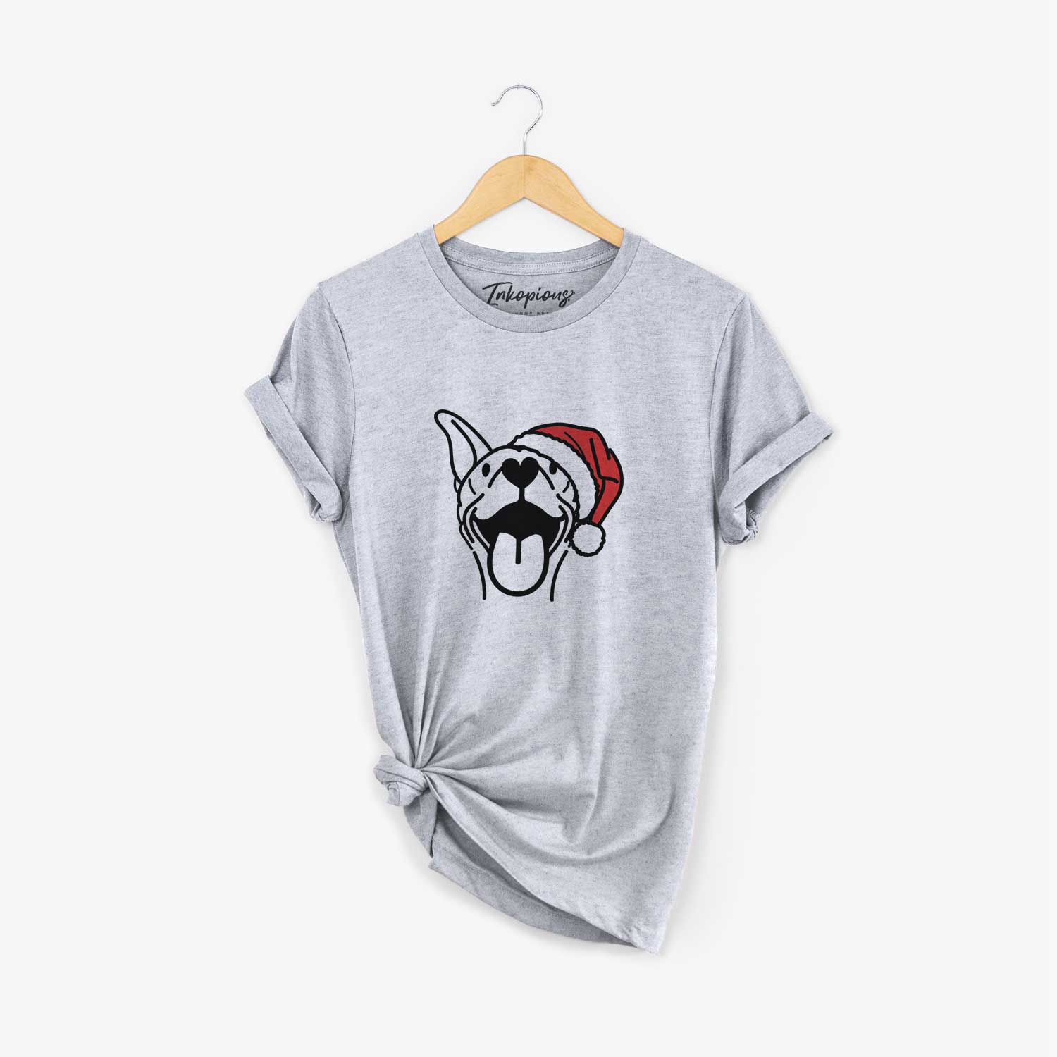 Minimalist line drawing of Merlin the Basenji wearing a Santa hat on a Grey Unisex crewneck