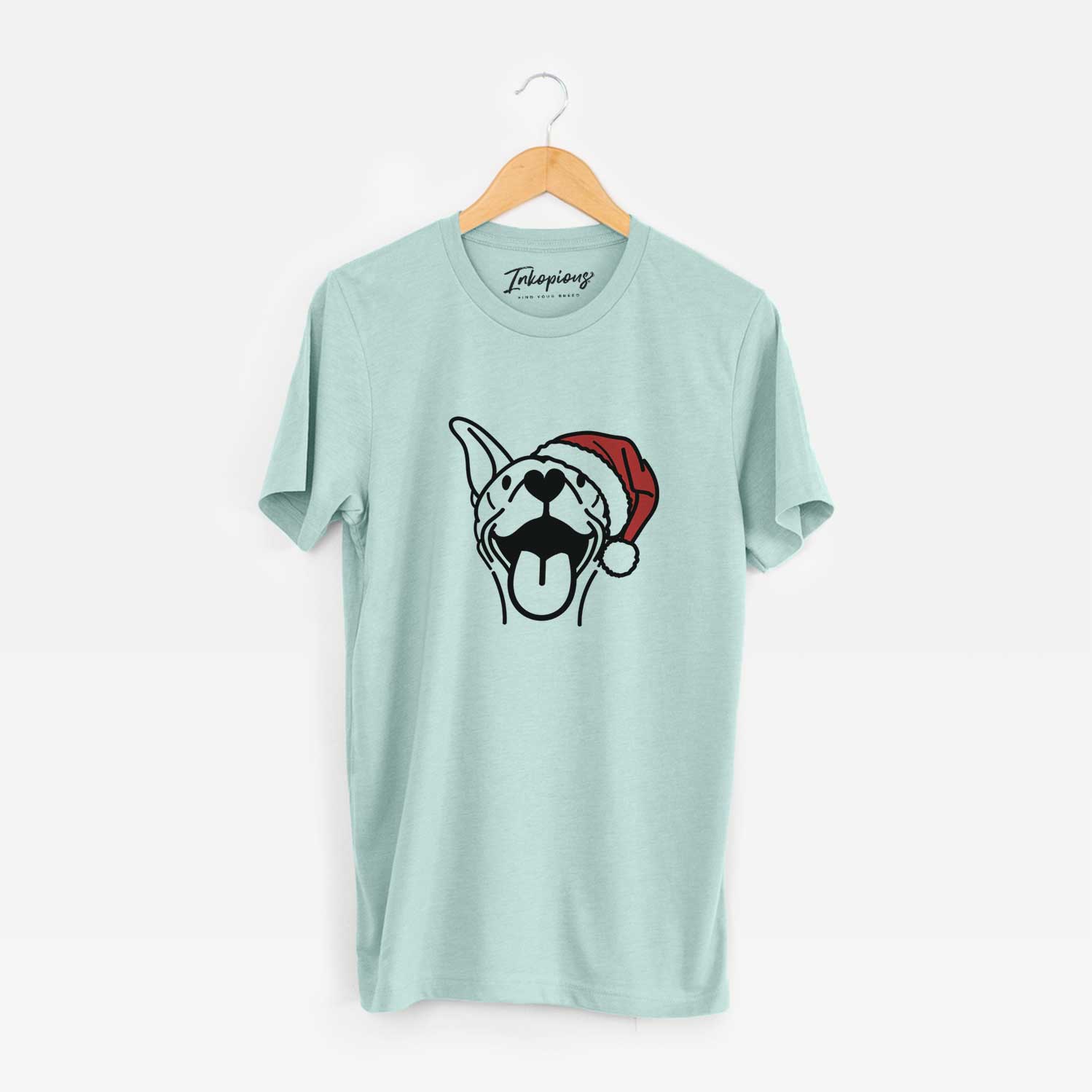 Minimalist line drawing of Merlin the Basenji wearing a Santa hat on a Heather Sage Unisex crewneck