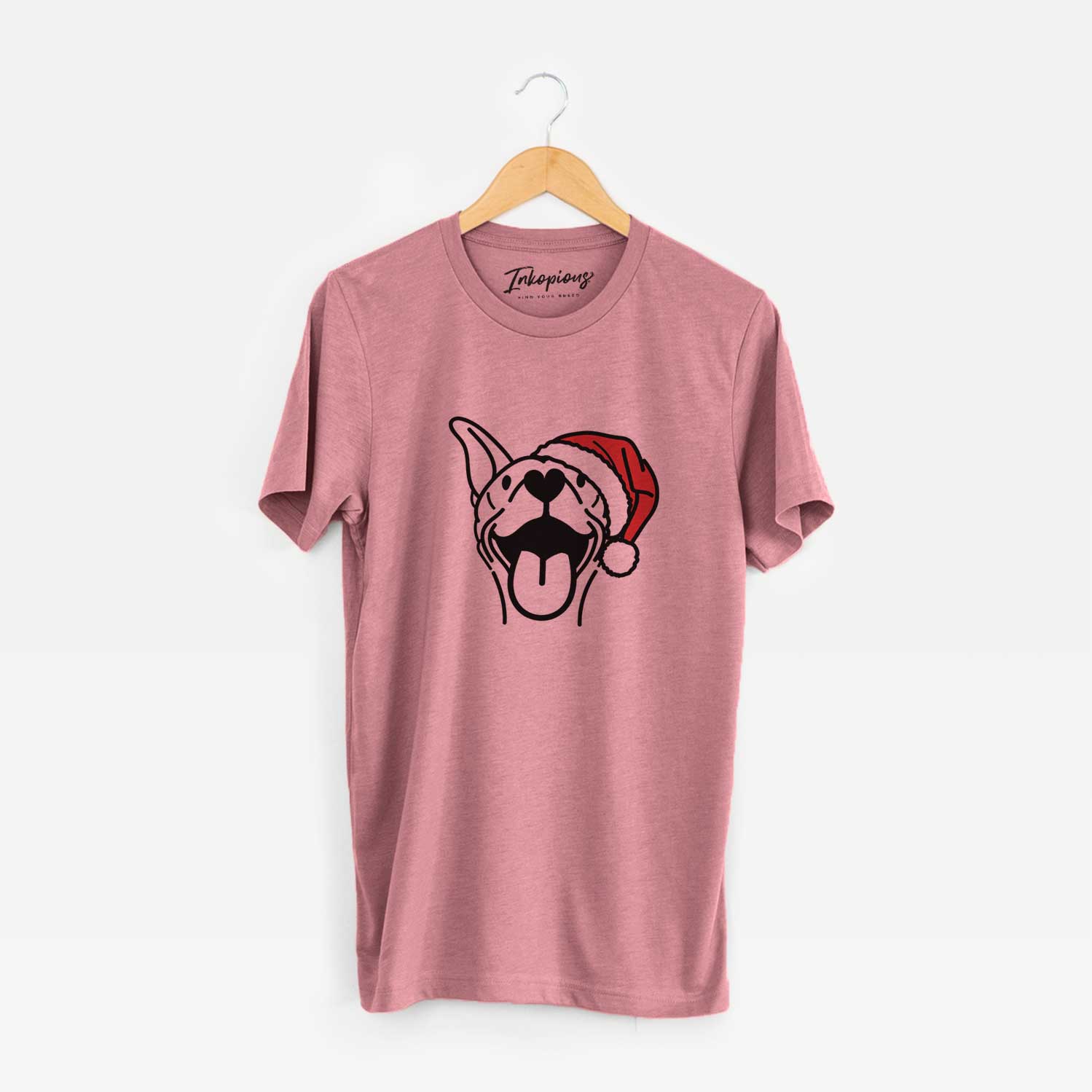 Minimalist line drawing of Merlin the Basenji wearing a Santa hat on a Mauve Unisex crewneck