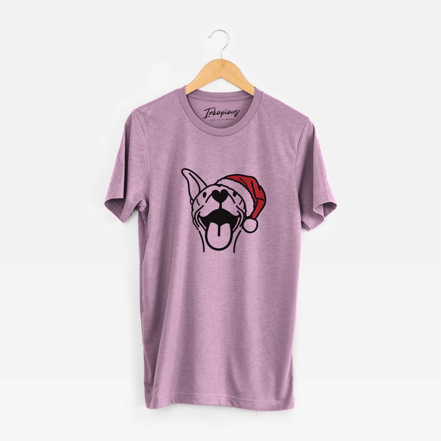Minimalist line drawing of Merlin the Basenji wearing a Santa hat on an Orchid Unisex crewneck