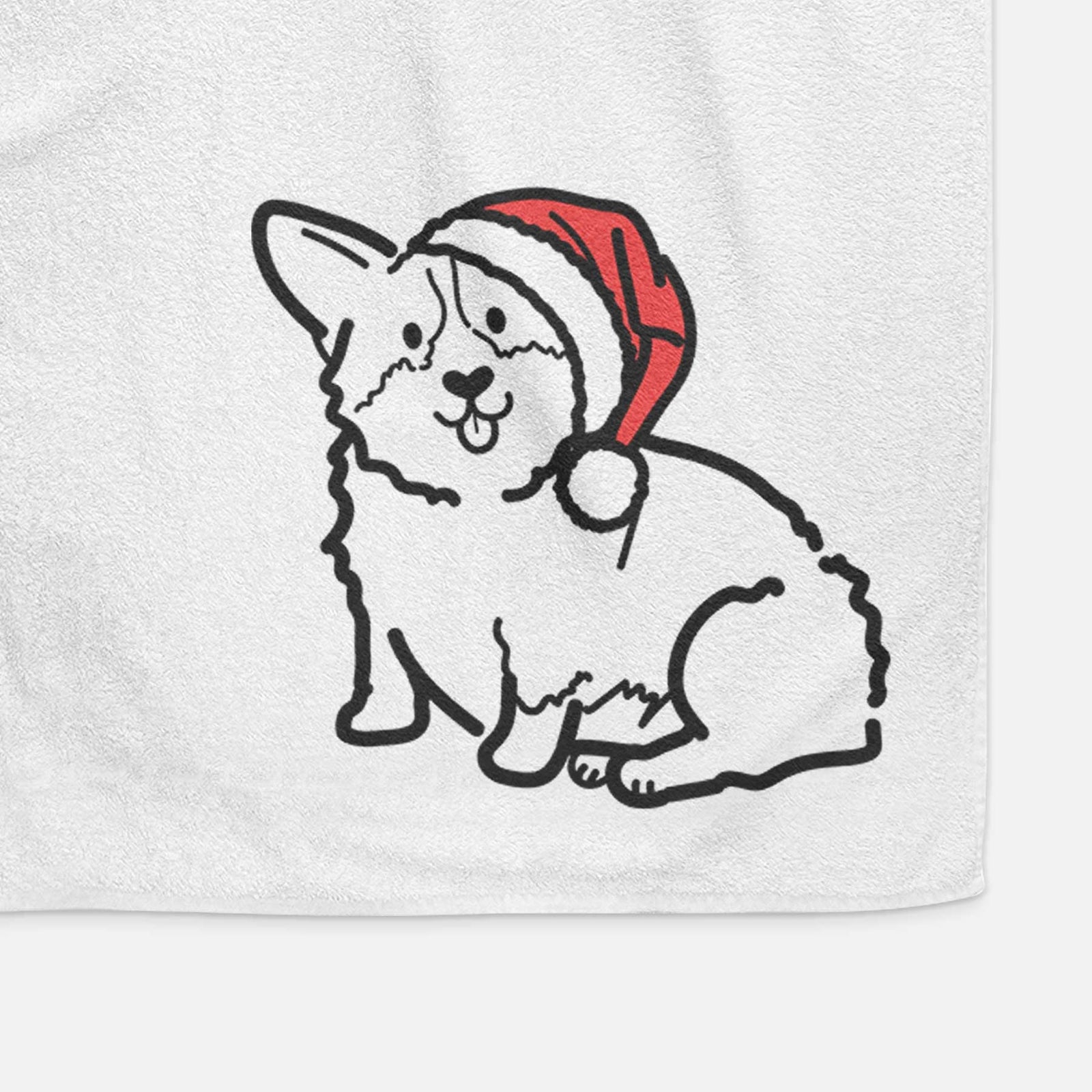 Minimalist line drawing of Millie the Pembroke Welsh Corgi wearing a Santa hat on a decorative hand towel