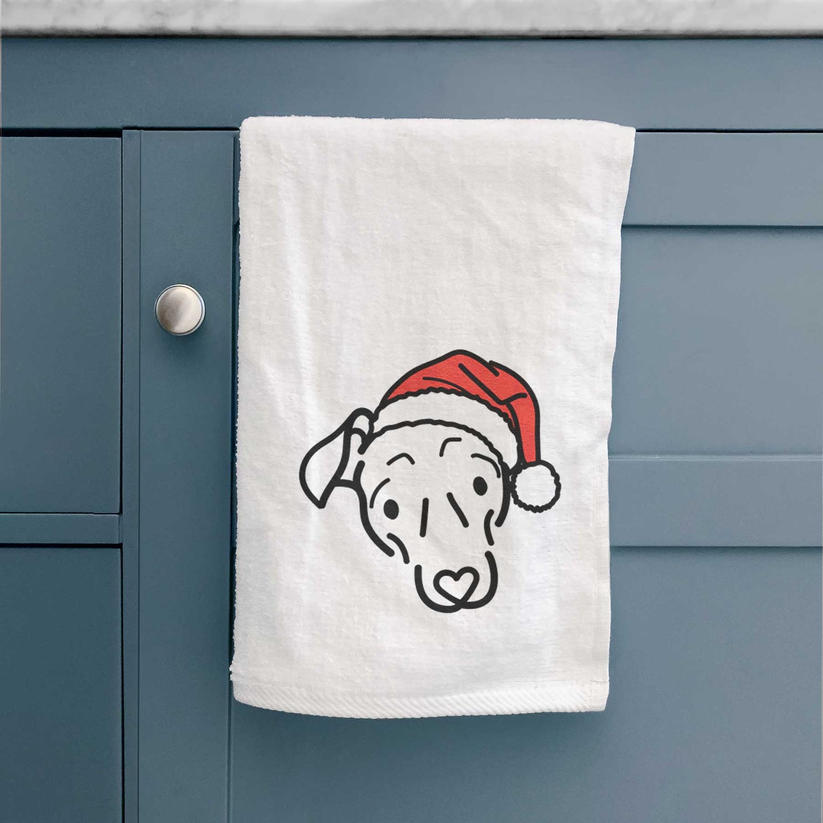 Minimalist line drawing of Millie the Mixed Breed wearing a Santa hat on a decorative hand towel