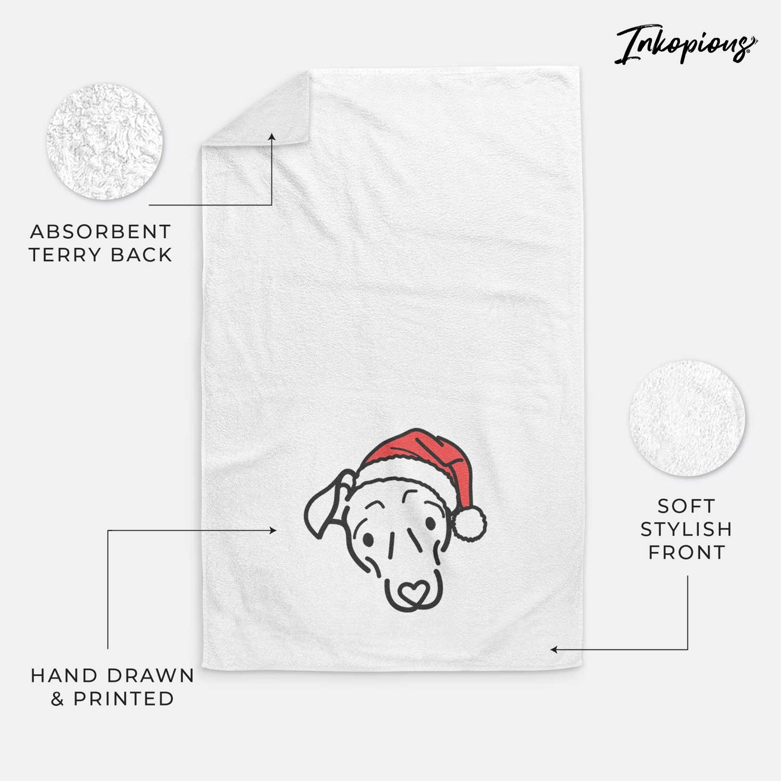 Minimalist line drawing of Millie the Mixed Breed wearing a Santa hat on a decorative hand towel