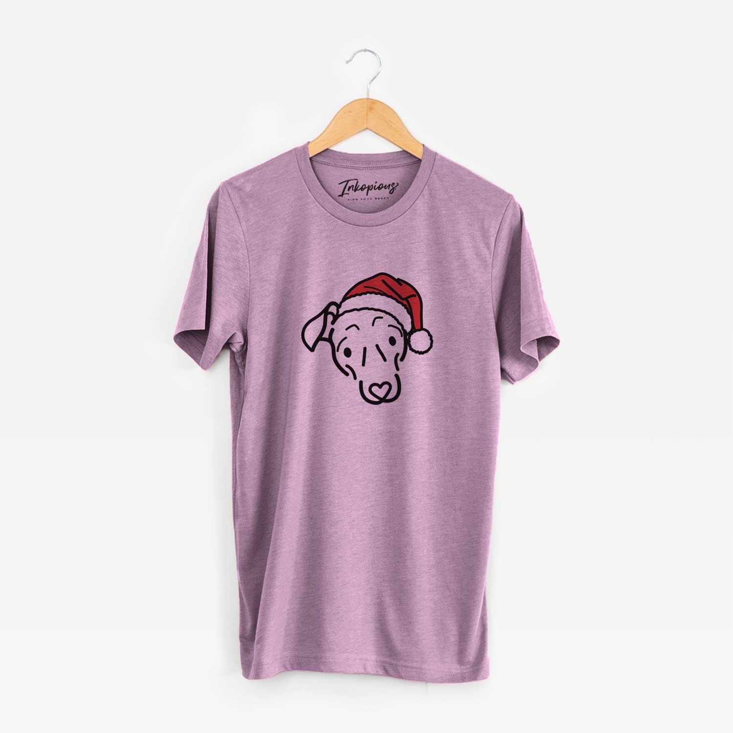 Minimalist line drawing of Millie the Mixed Breed wearing a Santa hat on an Orchid Unisex crewneck