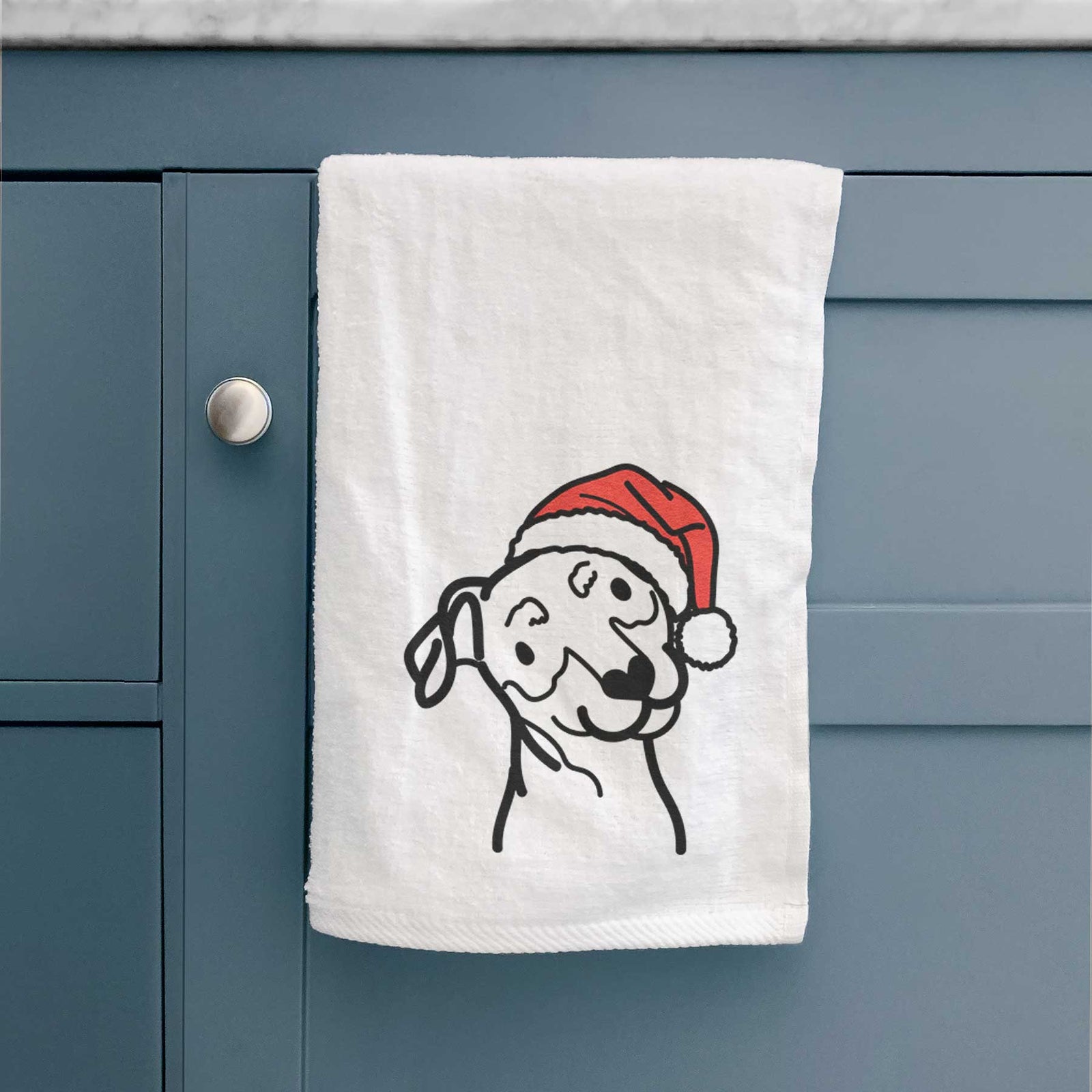 Minimalist line drawing of a Mini Pinscher wearing a Santa hat on a decorative hand towel