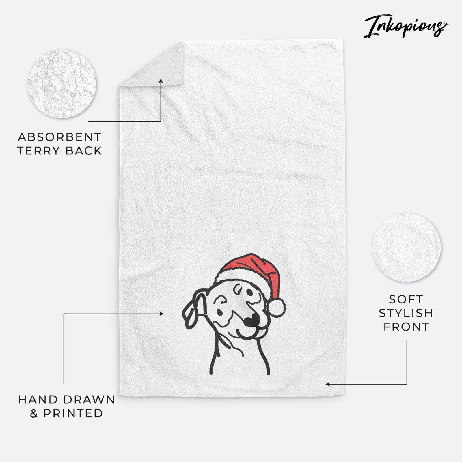 Minimalist line drawing of a Mini Pinscher wearing a Santa hat on a decorative hand towel